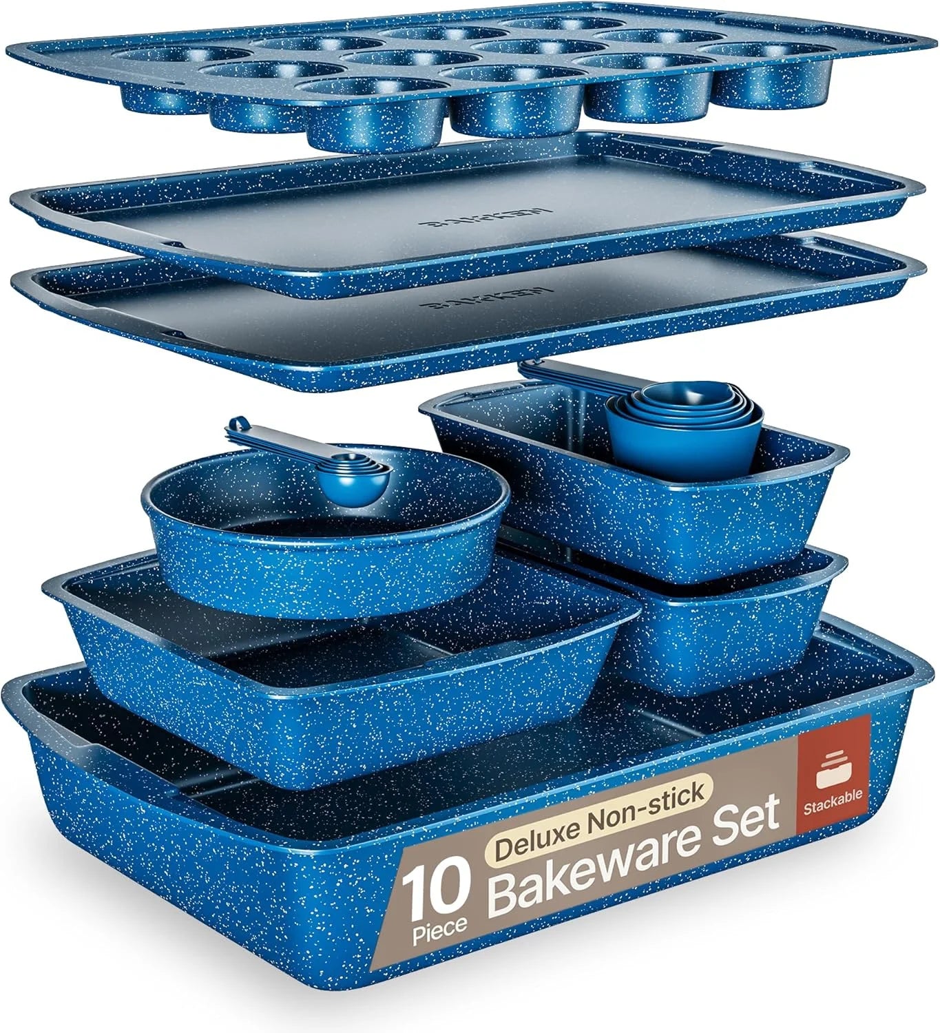 10-Piece Bakeware Sets, Nonstick Carbon Steel Baking Sheet & Pans, Stackable Space-Saving Bakeware, Stain-Resistant, Oven Safe (Up to 450°F), Blue Marble