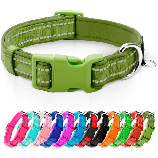Reflective Dog Collar - Soft Neoprene Padded Adjustable Collar with ID Tag Ring for Puppies and Small Dogs, Army Green, XS