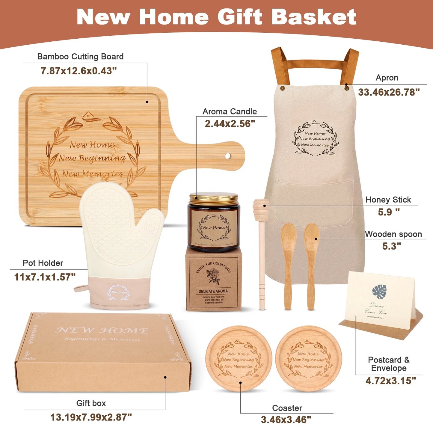11 Pcs Housewarming Gifts Basket with Apron, Gloves, Serving Board, Beige