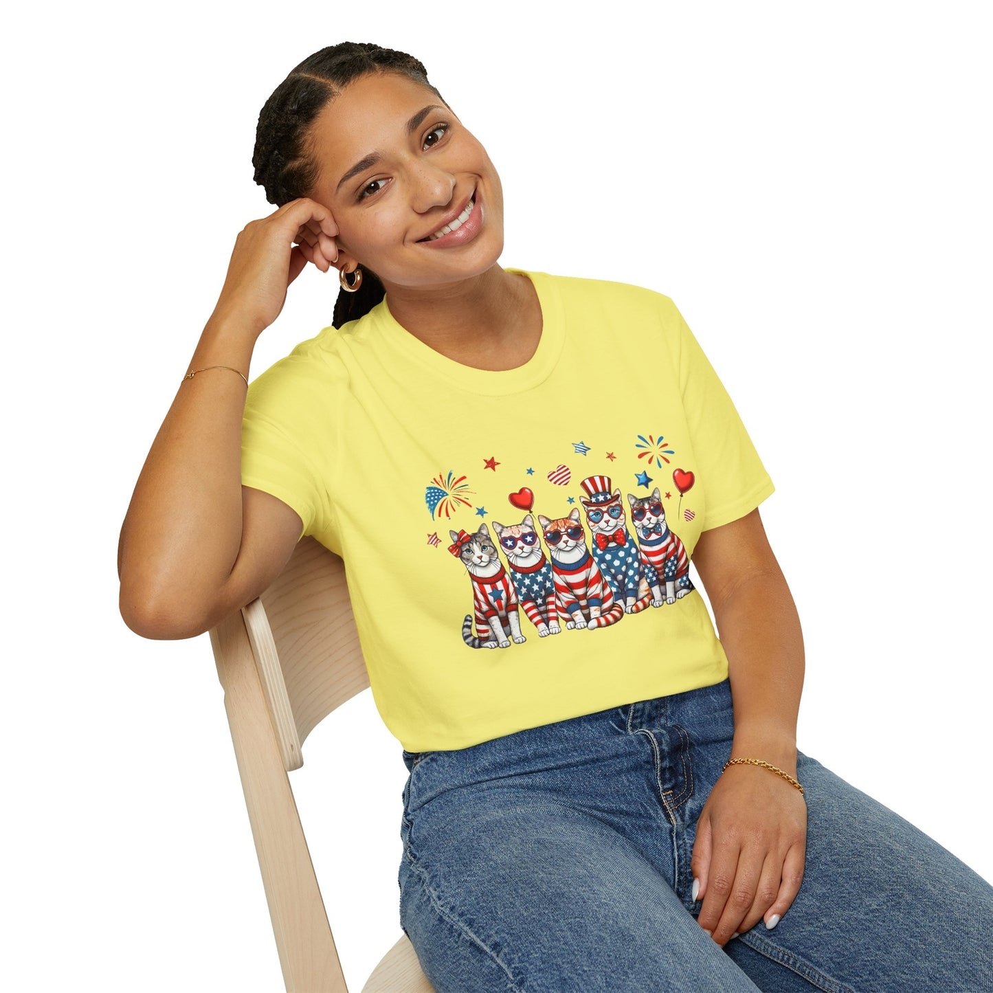 Patriotic Cat Unisex Softstyle T-Shirt for Fourth of July Celebrations