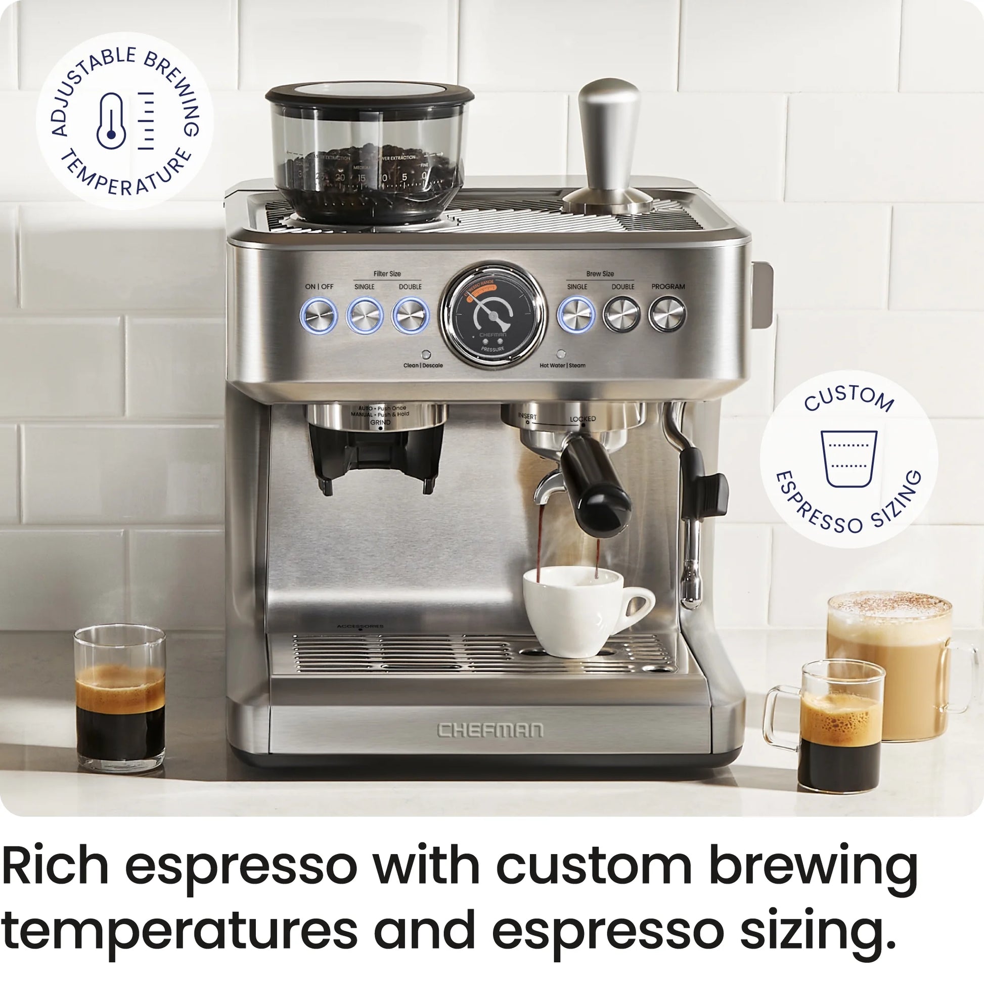 Crema Supreme Espresso Machine with Conical Burr Grinder and Steam Wand – Stainless Steel, New
