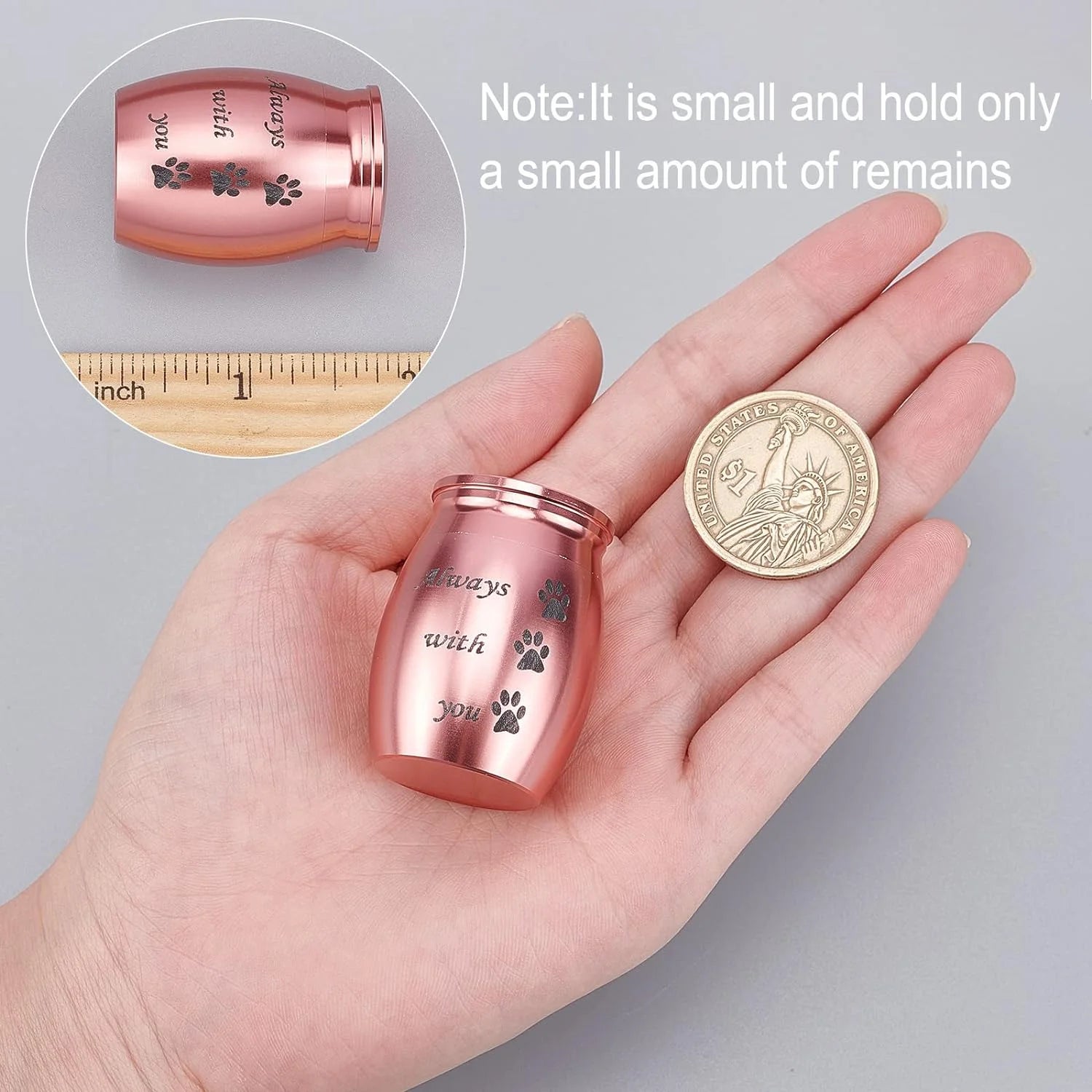 Small Pet Urns Always with You Memorial Ashes Holder Mini Paws Engraved Urns Metal Cremation Keepsake Stainless Steel Urns for Pet Dog Cat Bird Rabbit 1.18 X 1.57 Inch Pink