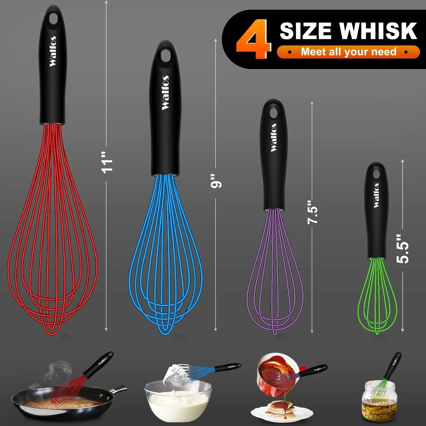 Heat Resistant Non-Scratch Silicone Kitchen Whisks, 4 per Pack