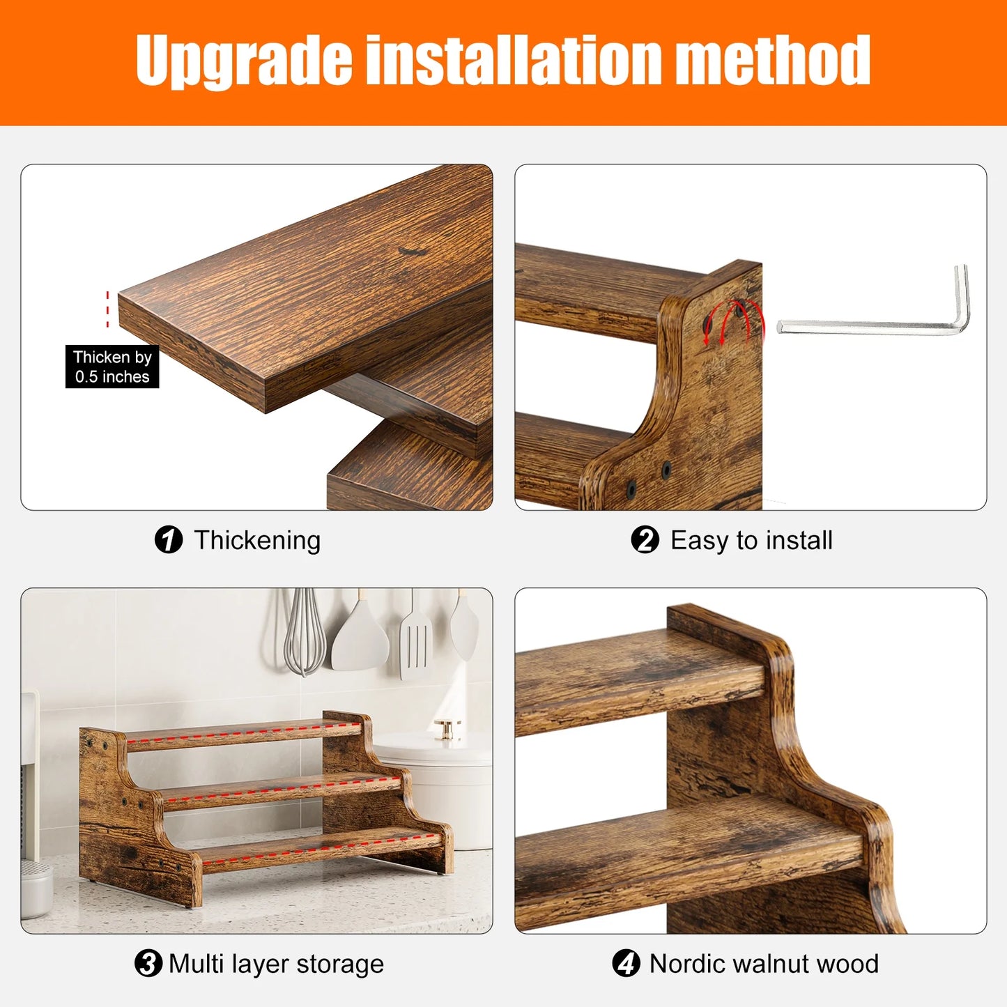 3-Tier Wood Step Shelf Spice Rack and Organizer
