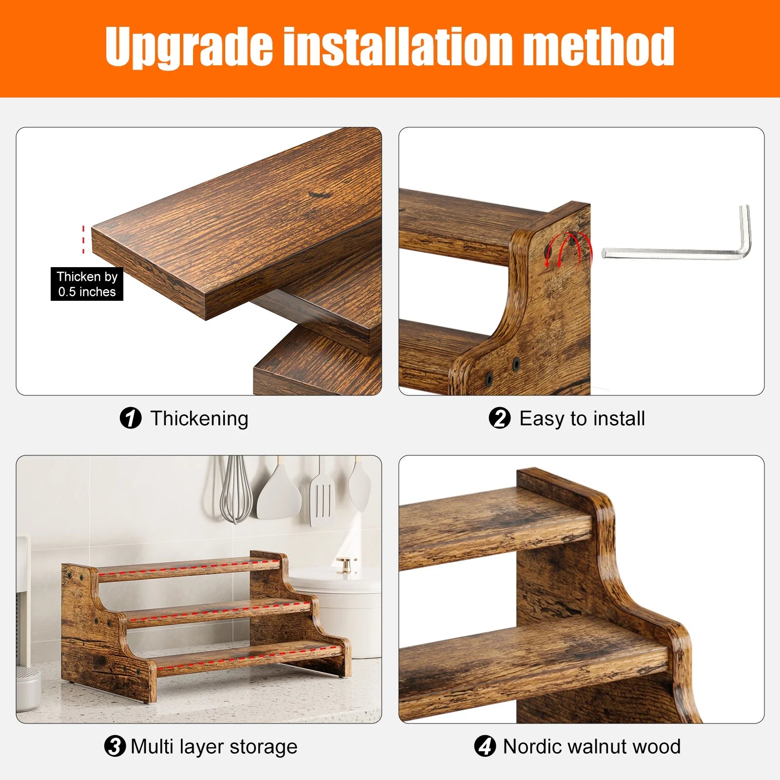 3-Tier Wood Step Shelf Spice Rack and Organizer