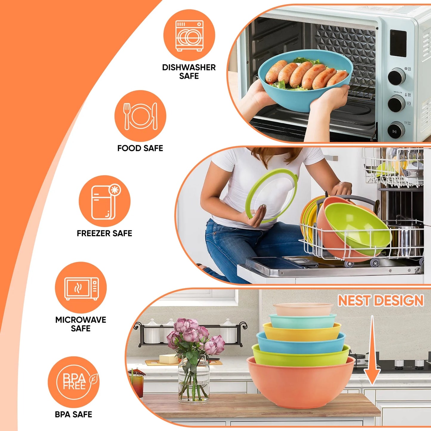 6Pcs Mixing Bowl Set with Lids, Plastic Nesting Bowls for Mixing, Storage, Kitchen Prepping, Serving Food, Microwave & Dishwasher Safe - Multi-Color