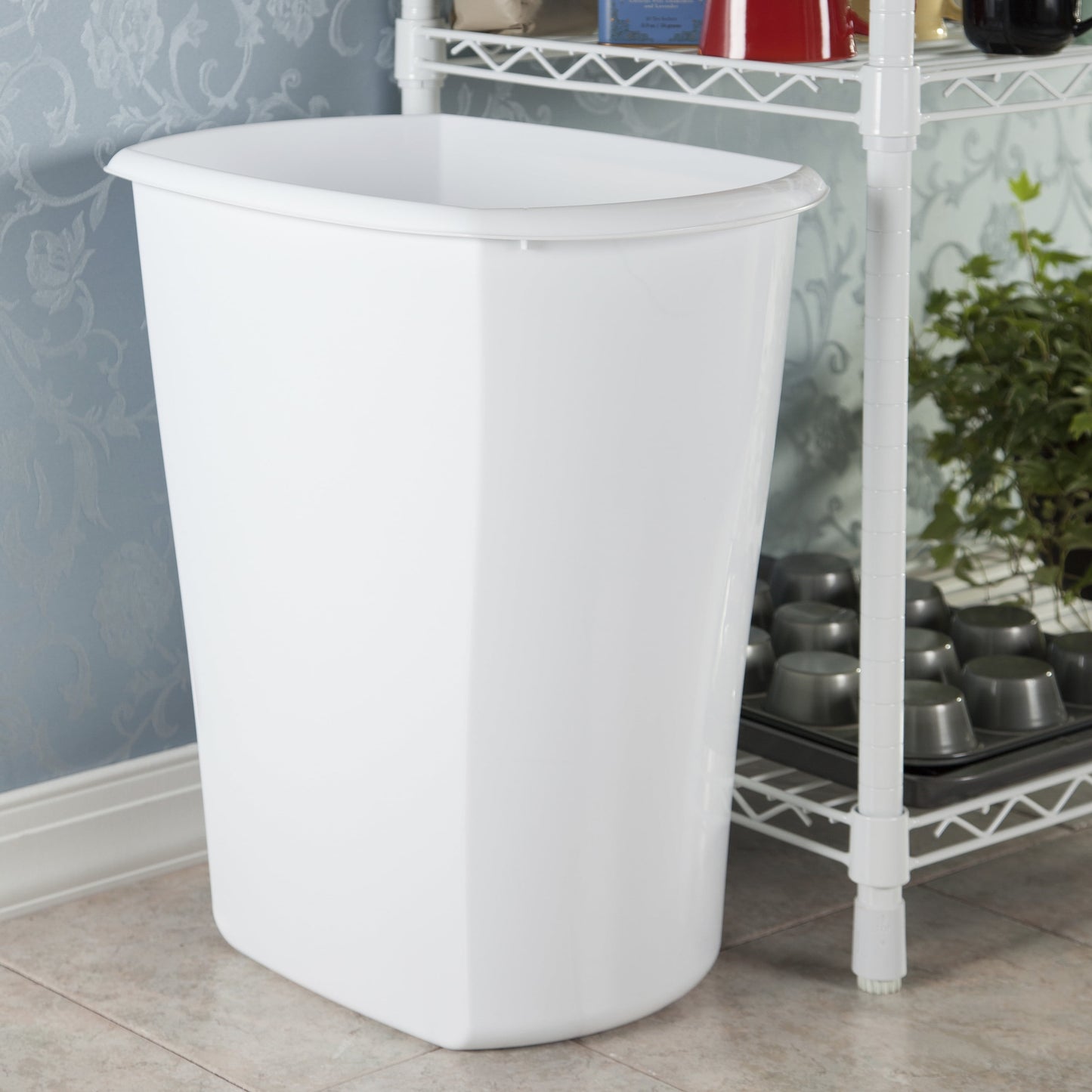 10 Gallon Rectangular Wastebasket, Large Open Plastic Trash Can for Kitchen, White