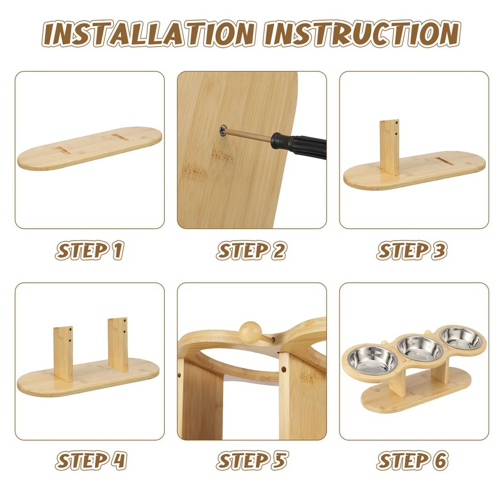 Wooden Elevated Cat Bowls, 15° Tilted Raised Pet Food Bowls, Adjustable Cat Dog Bowl Feeding Station with 3 Stainless Steel Bowls for Cats Puppy Small Dogs Feeder