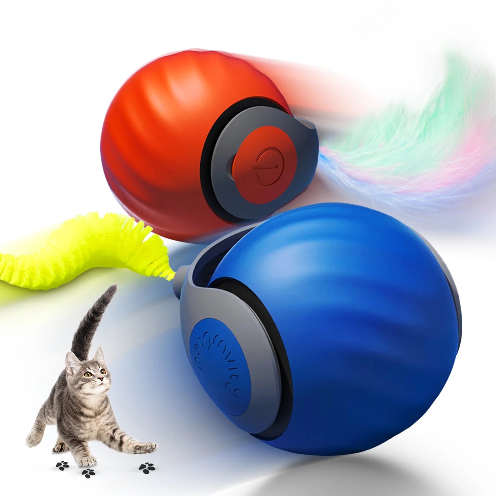 Smart Interactive Cat Toy Balls - Rechargeable with Two Speed Settings for Indoor Cats, 2-Pack (Blue & Orange)
