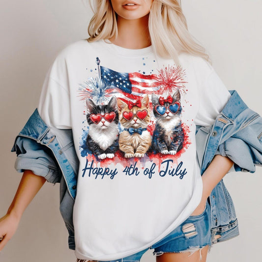Happy USA 4Th of July Independence Day Cute Cats Funny Red White & Blue T Shirt
