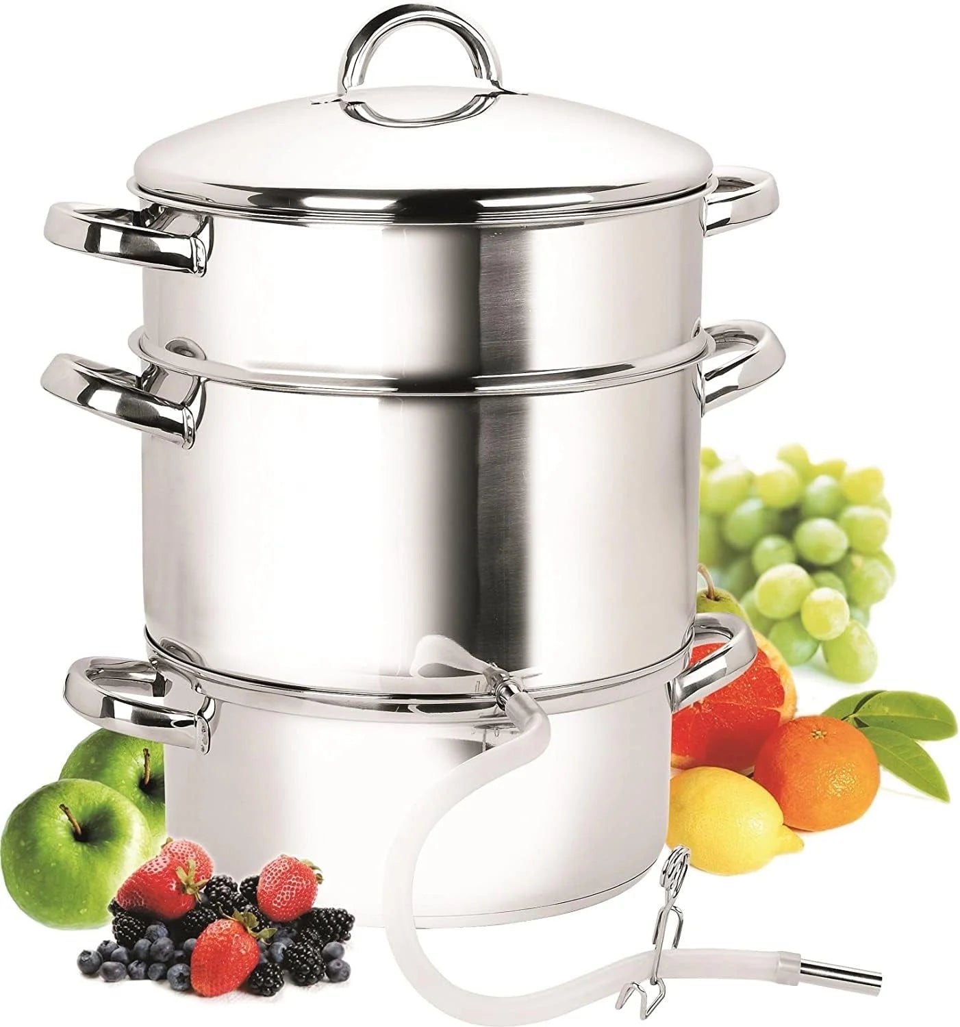Basics Canning Juice Steamer Extractor Pot 11-Quart, Stainless Steel Multi-Purpose Jelly Steaming Cooking Pot, with Strainer/Loading Pan, Lid, 2 Hoses with Clamp, Mirror Satin