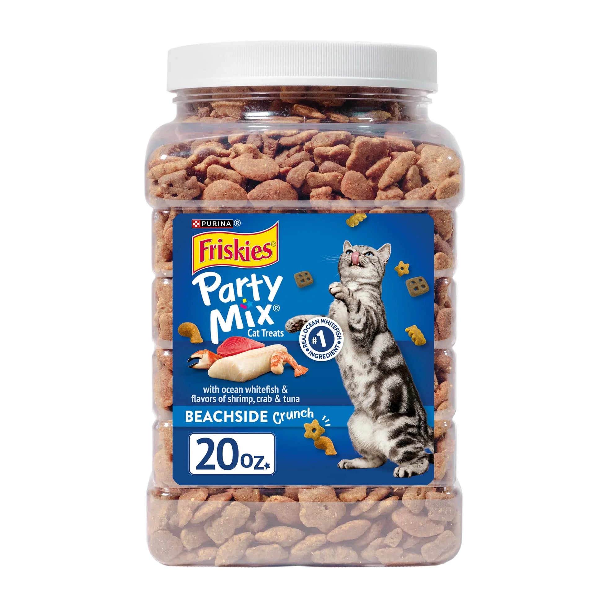 Purina  Party Mix Beachside Crunch Cat Treats with Shrimp, Crab, and Tuna - 20 oz Canister