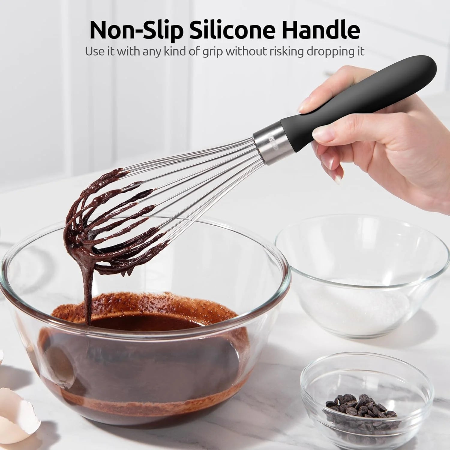 Balloon Whisk for Cooking: 18/10 Stainless Steel Kitchen Wire Whisk, Medium Heavy Duty Egg Beater, Manual Baking Mixing Tool with 8 High Flex Wires for Stirring, Blending Sauce (Black)