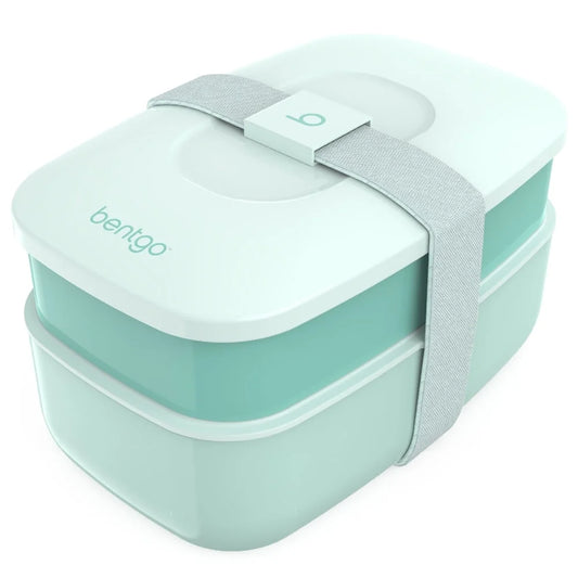 Classic - All-In-One Stackable Bento Lunch Box Container - Modern Bento-Style Design Includes 2 Stackable Containers, Built-In Plastic Utensil Set, and Nylon Sealing Strap (Coastal Aqua)