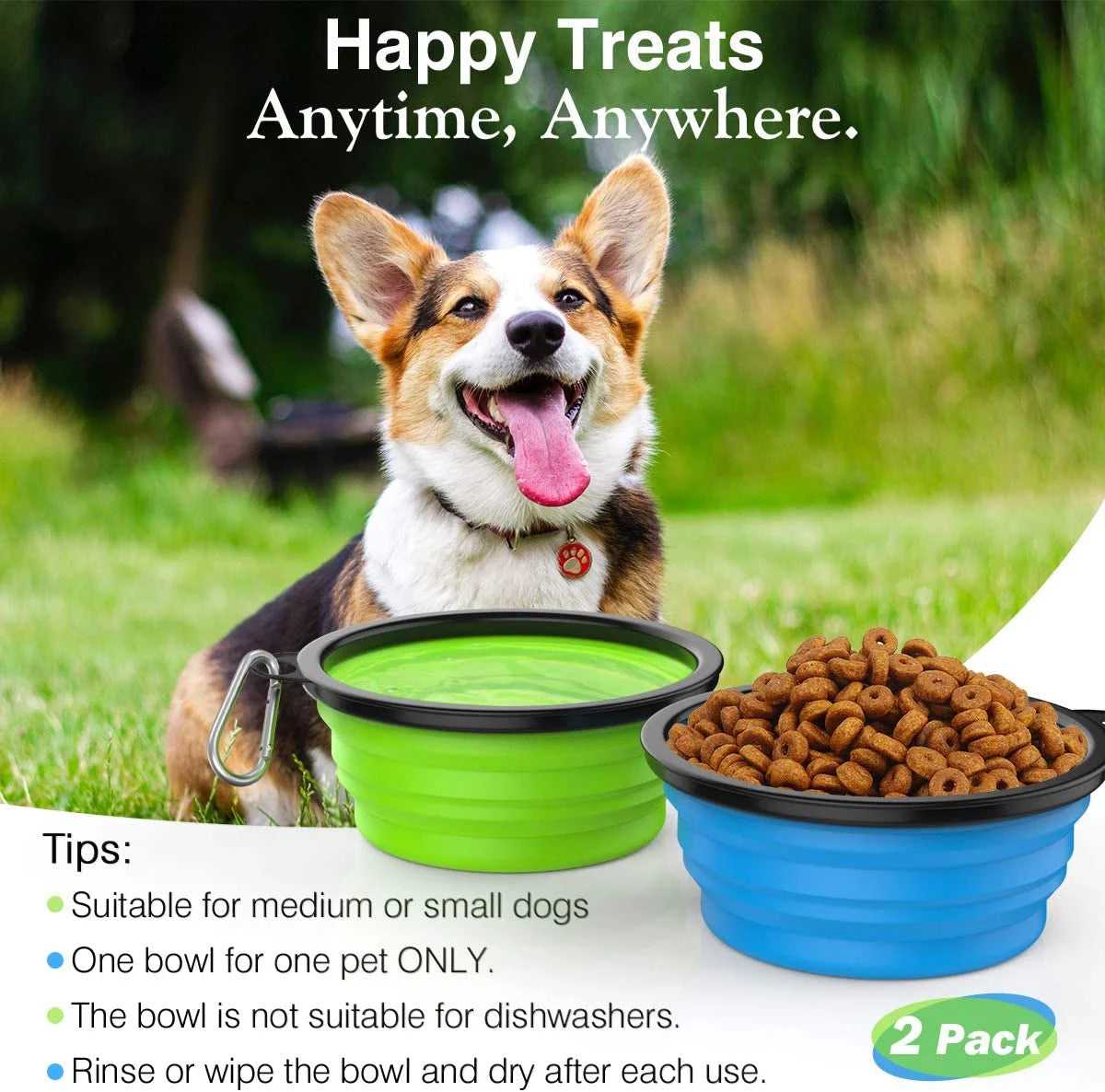 Collapsible Dog Bowls 2 Pack, Silicone Feeding Watering Bowls with Lids & Carabiners for Dogs Cats, Portable Water Feeder Food Bowl for Walking Traveling Home Use, 1000Ml, Blue + Green