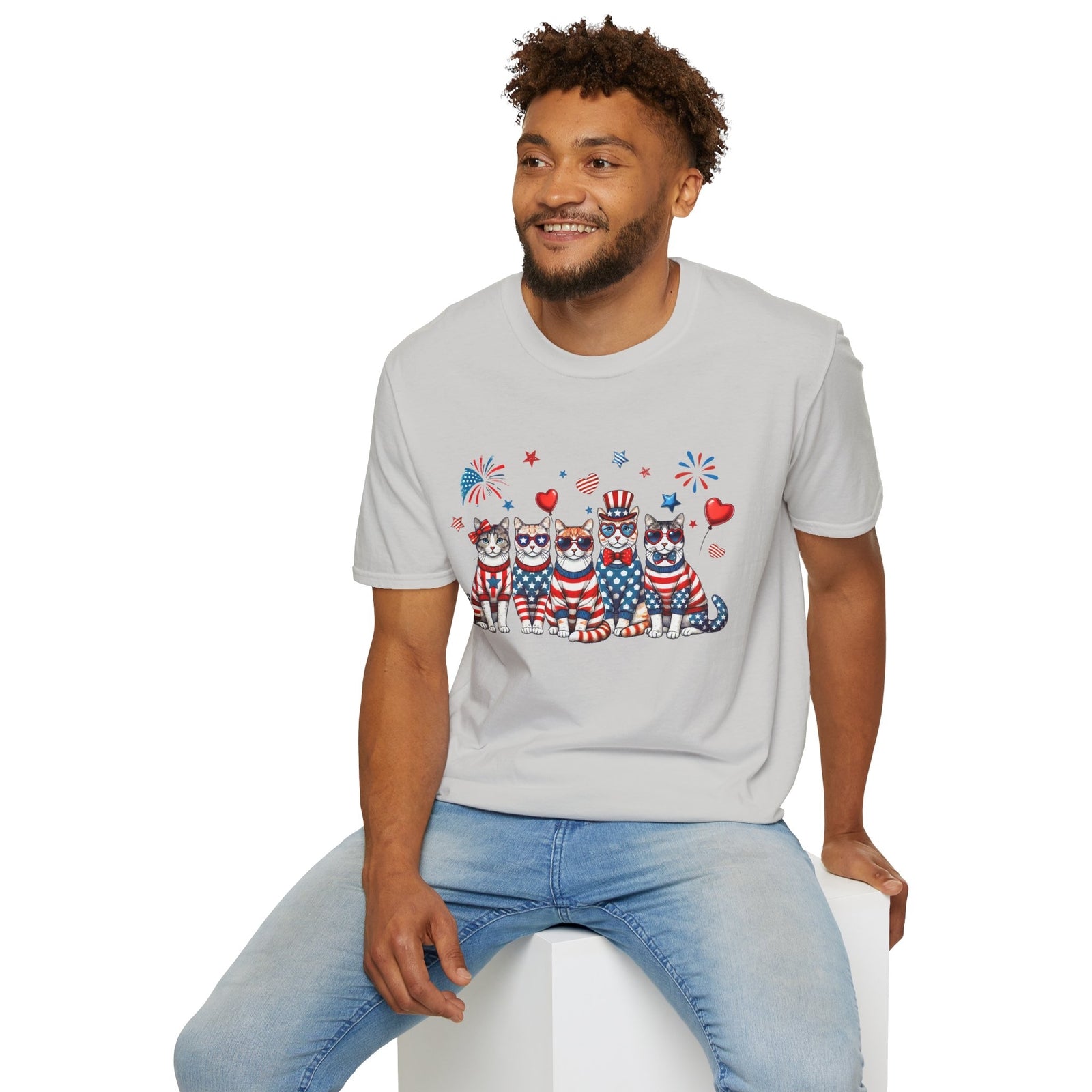 Patriotic Cat Unisex Softstyle T-Shirt for Fourth of July Celebrations
