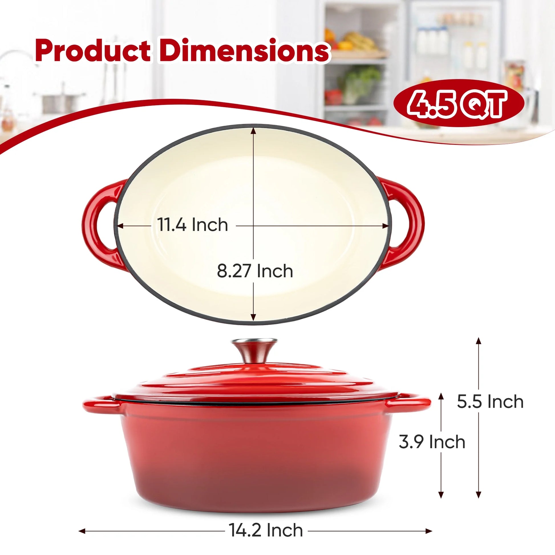 4.5 QT Enameled Cast Iron Oval Dutch Oven with Lid, Nonstick Cookware for Baking, Braising, Roasting, and Cooking,Red