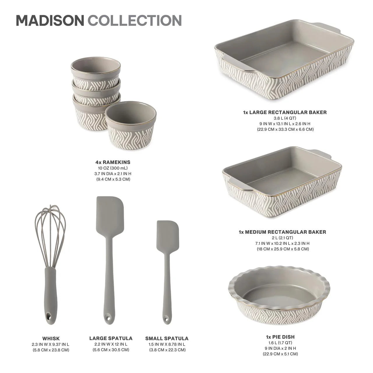 , 10-Piece Ceramic Bakeware Set, with Spatulas & Whisk, Madison