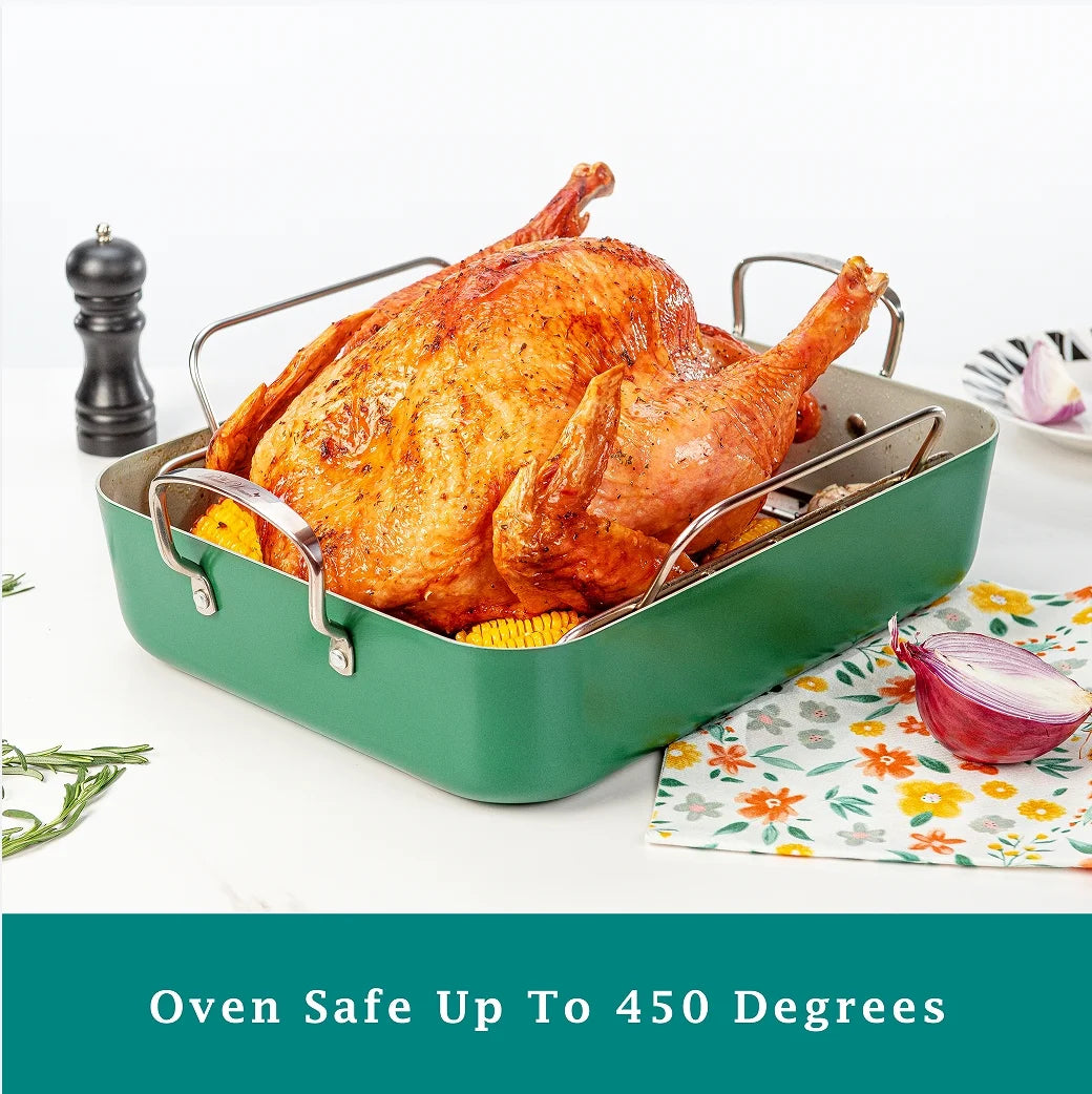 Size 18.8" Aluminum Non Stick Roaster with Stainless Steel Rack, Green