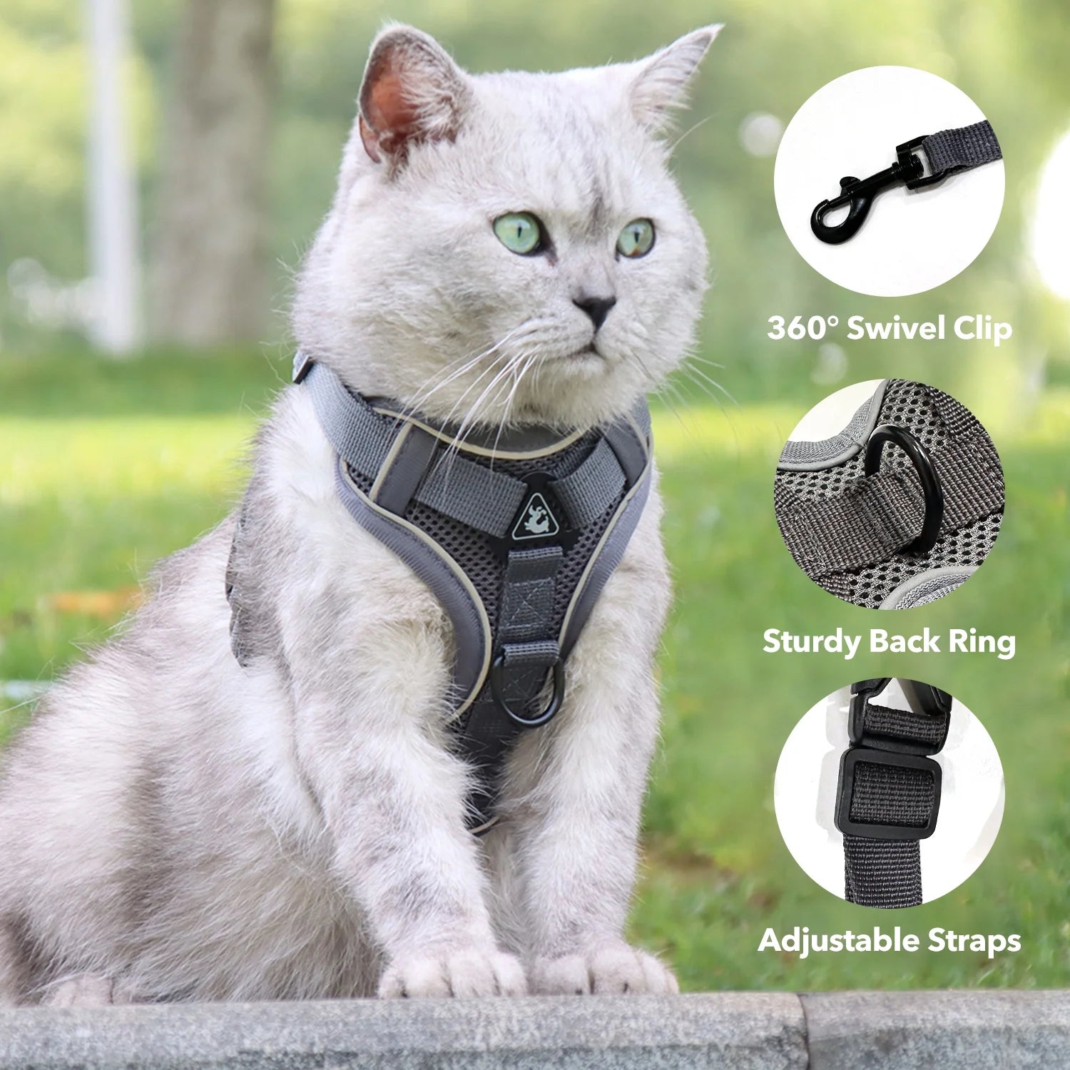 Adjustable Cat and Puppy Harness and Leash Set, Escape-Proof Soft Vest with Reflective Strips, Gray, Medium