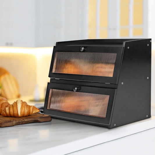 Pure Bamboo Bread Box, Roomy Two-Layer Breadbox for Kitchen Counters, Easy to Assembly Bread Storage Container (Black)