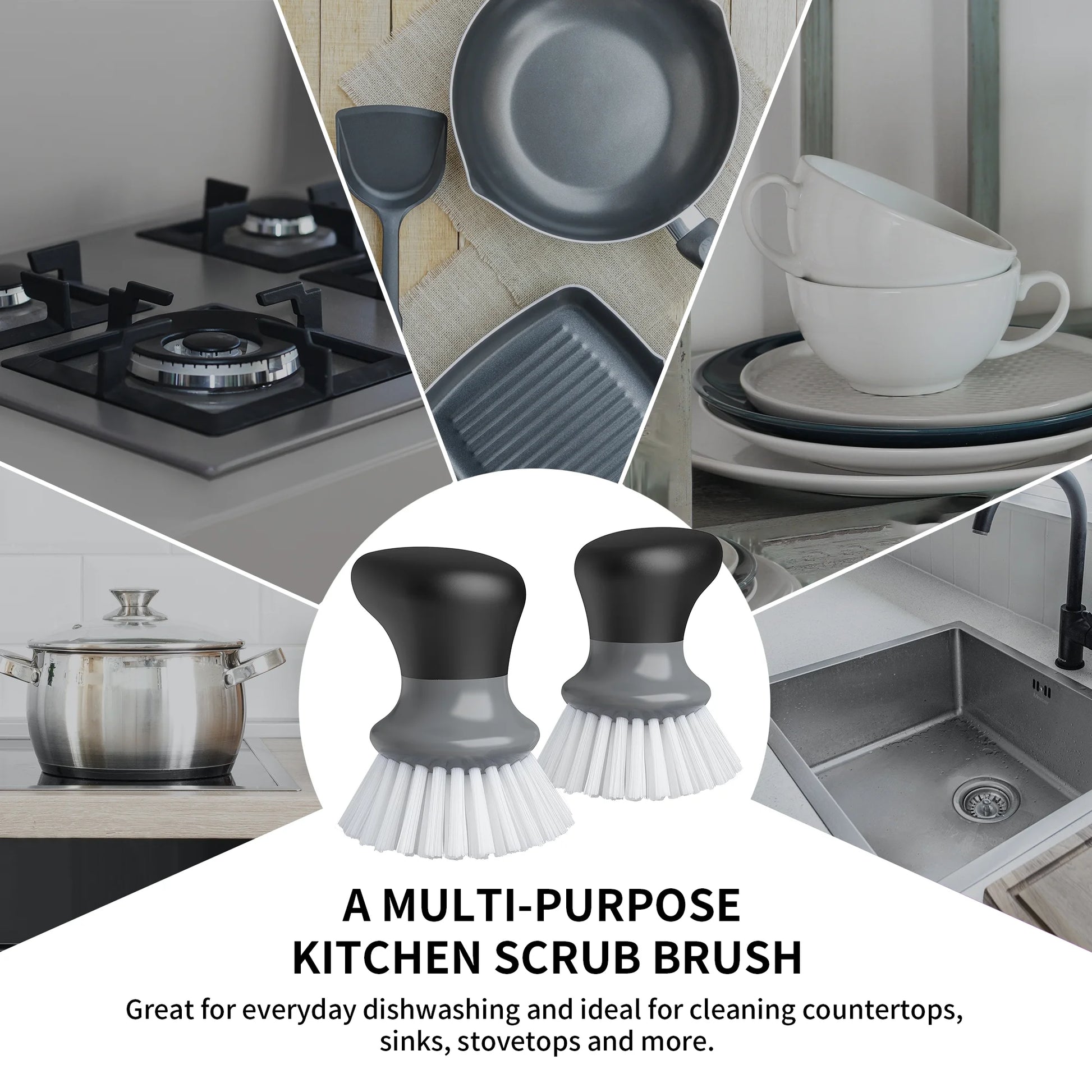 Dish Scrub Brush for Kitchen, Palm Brush Dish Scrubber with Ergonomic Grip,Nylon Brush, Gray, Pack of 2,