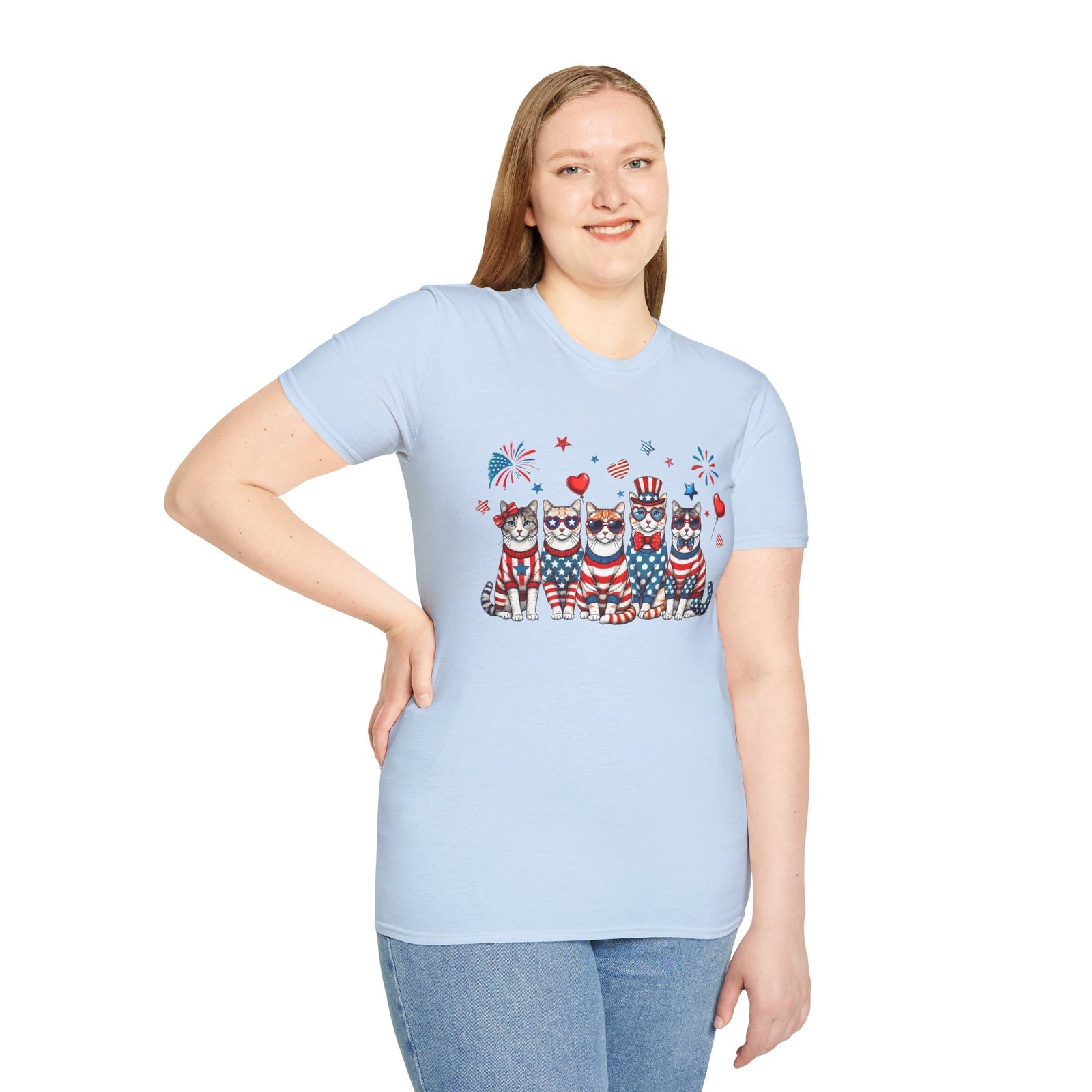 Patriotic Cat Unisex Softstyle T-Shirt for Fourth of July Celebrations