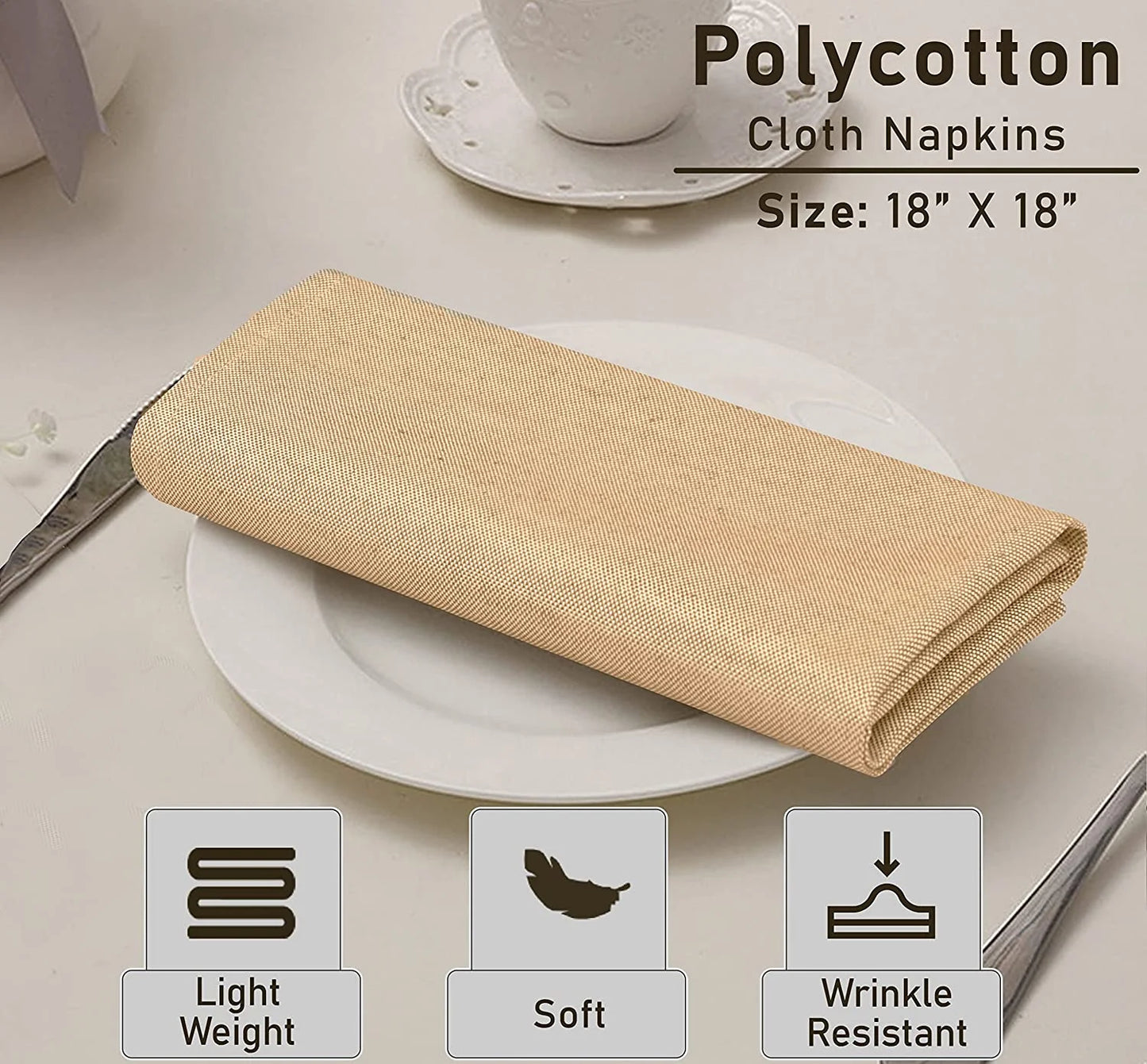 Cloth Napkins Set of 12, 18X18 Reusable Napkins Cloth Washable, Soft & Durable Table Napkins, Polycotton Chambray Dinner Napkins for Parties, Christmas, Thanksgiving, Weddings - Honey