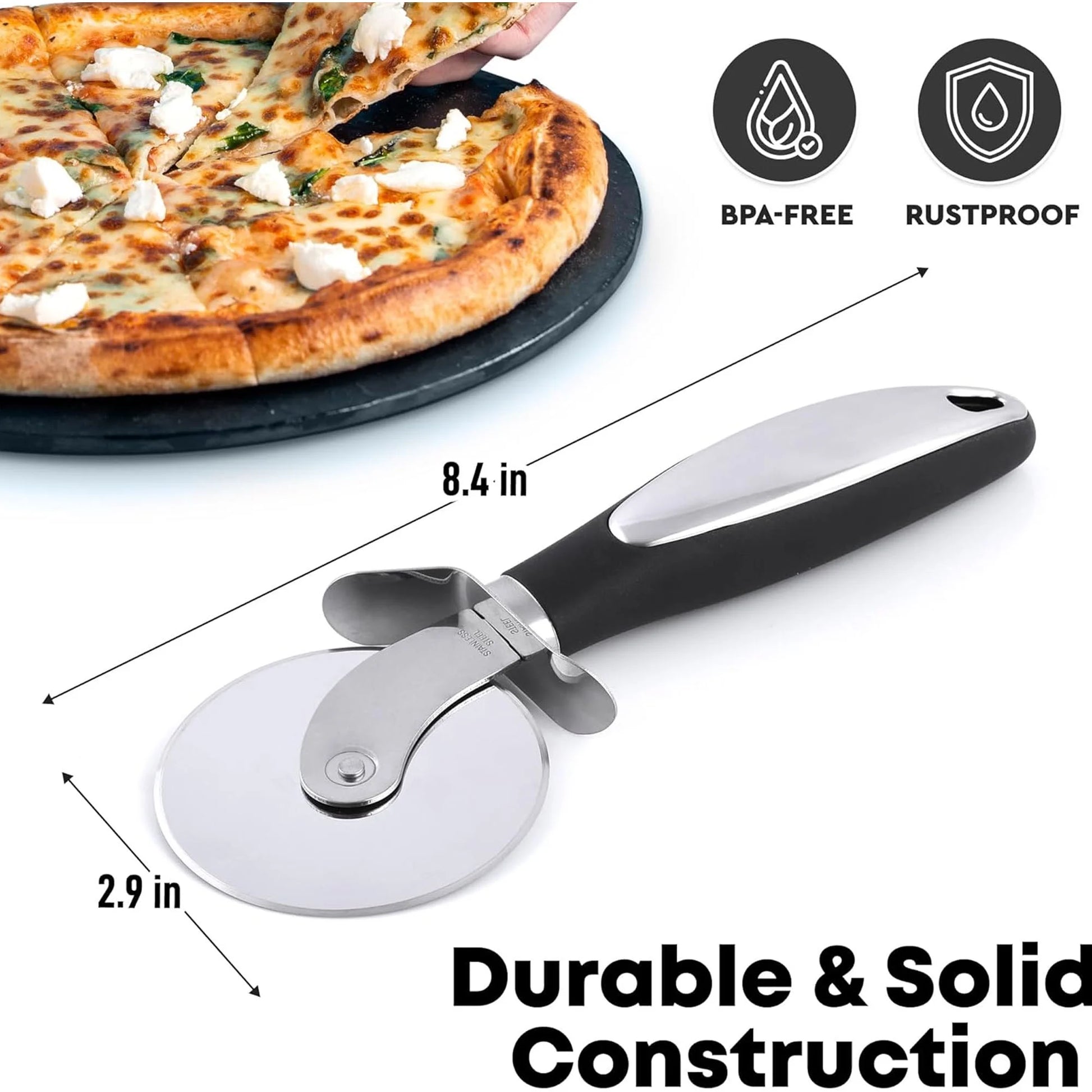 2PCS Premium Pizza Cutter - Durable Stainless Steel Pizza Cutter Wheel - Easy-To-Clean, Easy-To-Use Pizza Slicer - Super Sharp with Non-Slip Handle - Dishwasher Safe Pizza Wheel (Black)