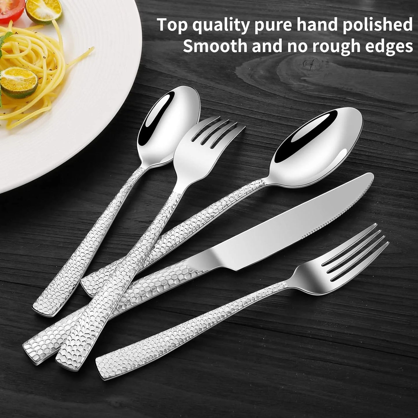 20-Piece Hammered Stainless Steel Flatware Set for 6 - Food-Grade Square Edge Cutlery W/Mirror Finish | Dishwasher Safe Tableware Service