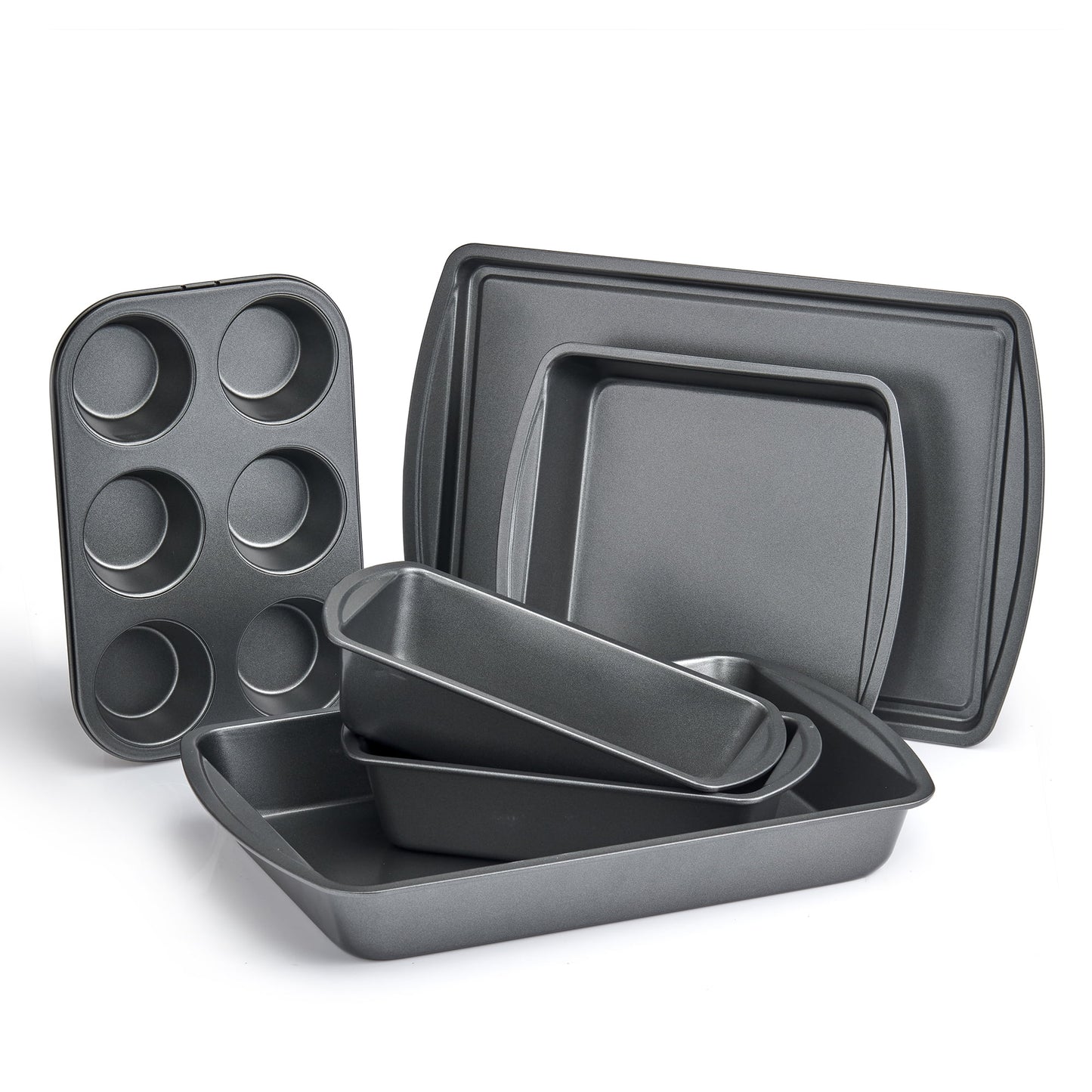 6 Piece Non-Stick Carbon Steel Bakeware Set with Cake, Muffin, Cookie and Loaf Pans, Gray
