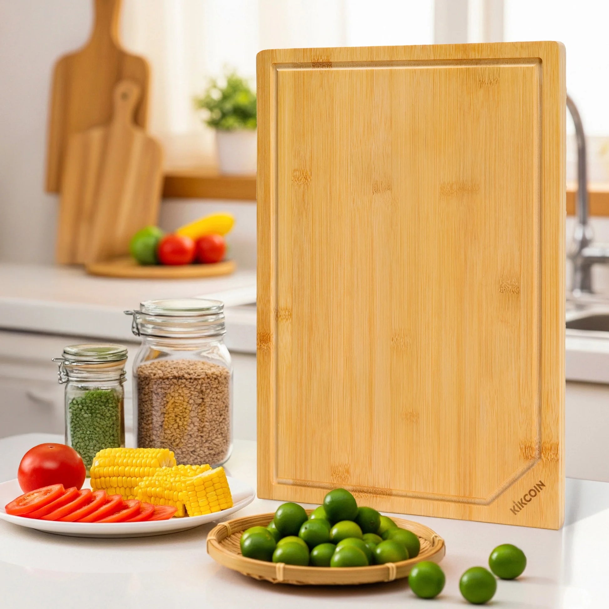 Bamboo Cutting Boards for Kitchen, with Deep Juice Groove and Inner Handle, 17.1" X 11.4"