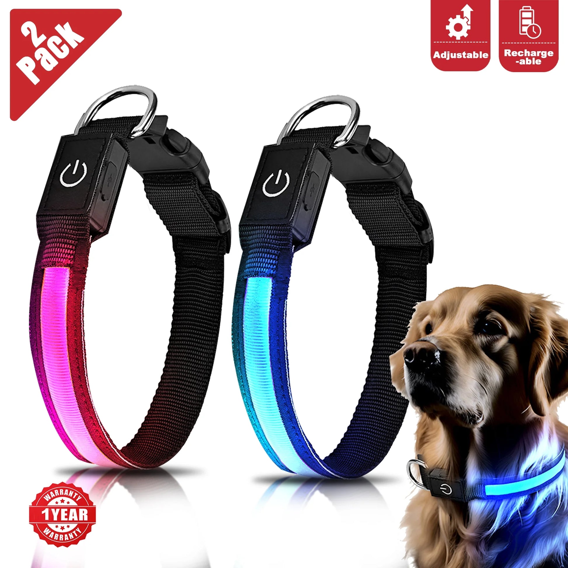LED Illuminated Dog Collar, USB Rechargeable, Waterproof Safety Collar for Medium/Large Dogs, Adjustable Nylon Design