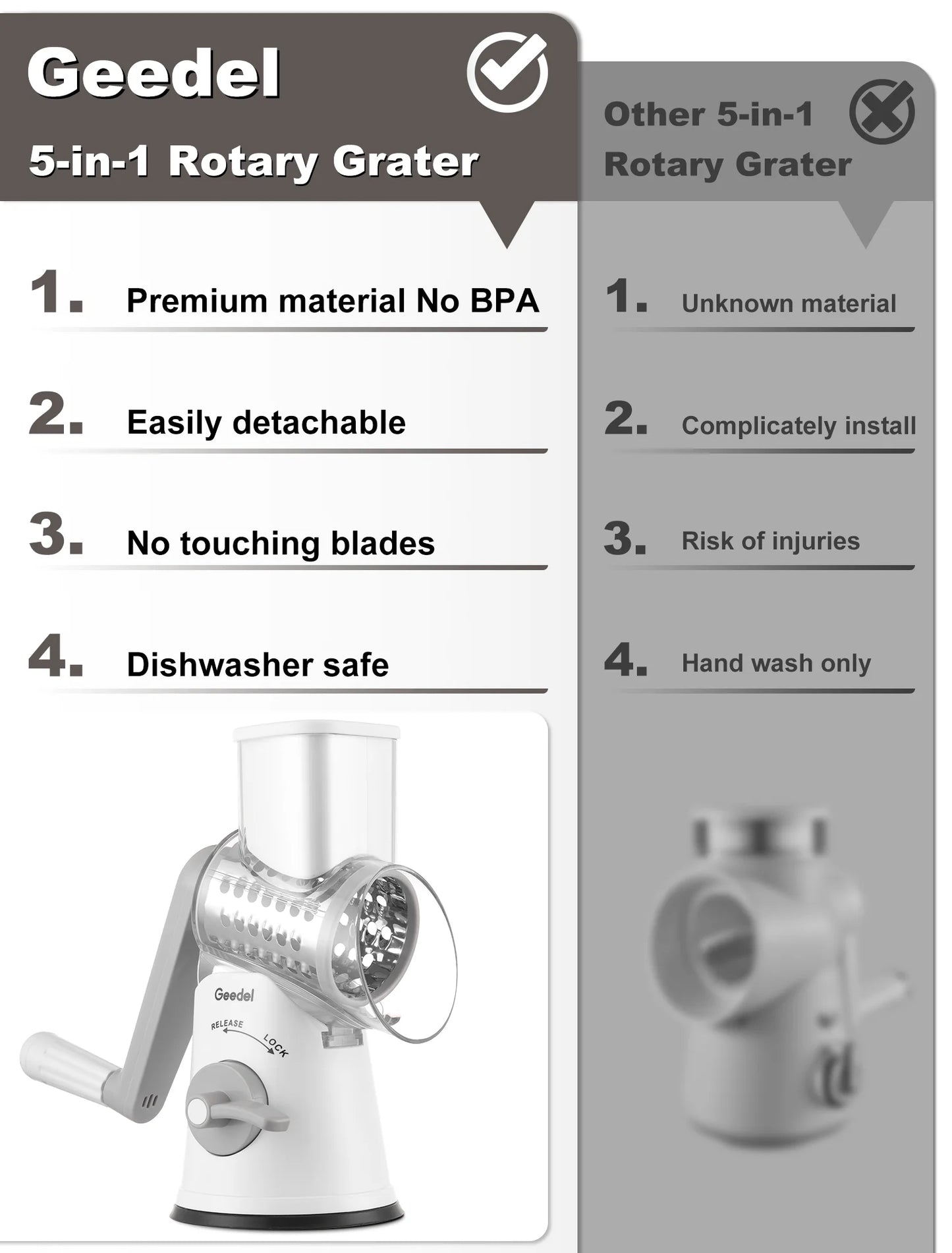 Rotary Cheese Grater, Kitchen Grater Vegetable Slicer with 5 Interchangeable Blades, Powerful Suction, Dishwasher Safe, Easy to Clean Grater for Vegetable, Fruit, Nuts, Gray