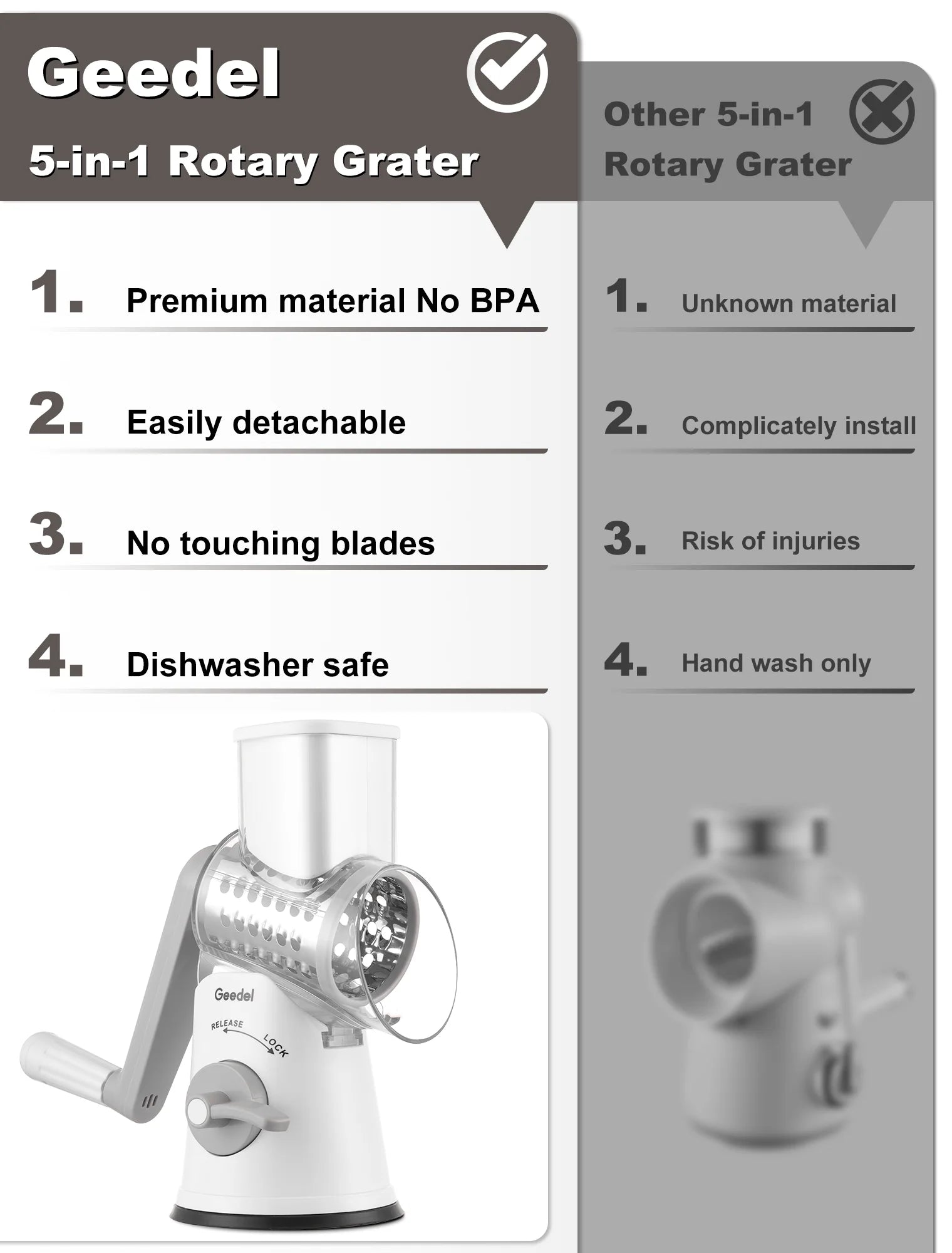 Rotary Cheese Grater, Kitchen Grater Vegetable Slicer with 5 Interchangeable Blades, Powerful Suction, Dishwasher Safe, Easy to Clean Grater for Vegetable, Fruit, Nuts, Gray