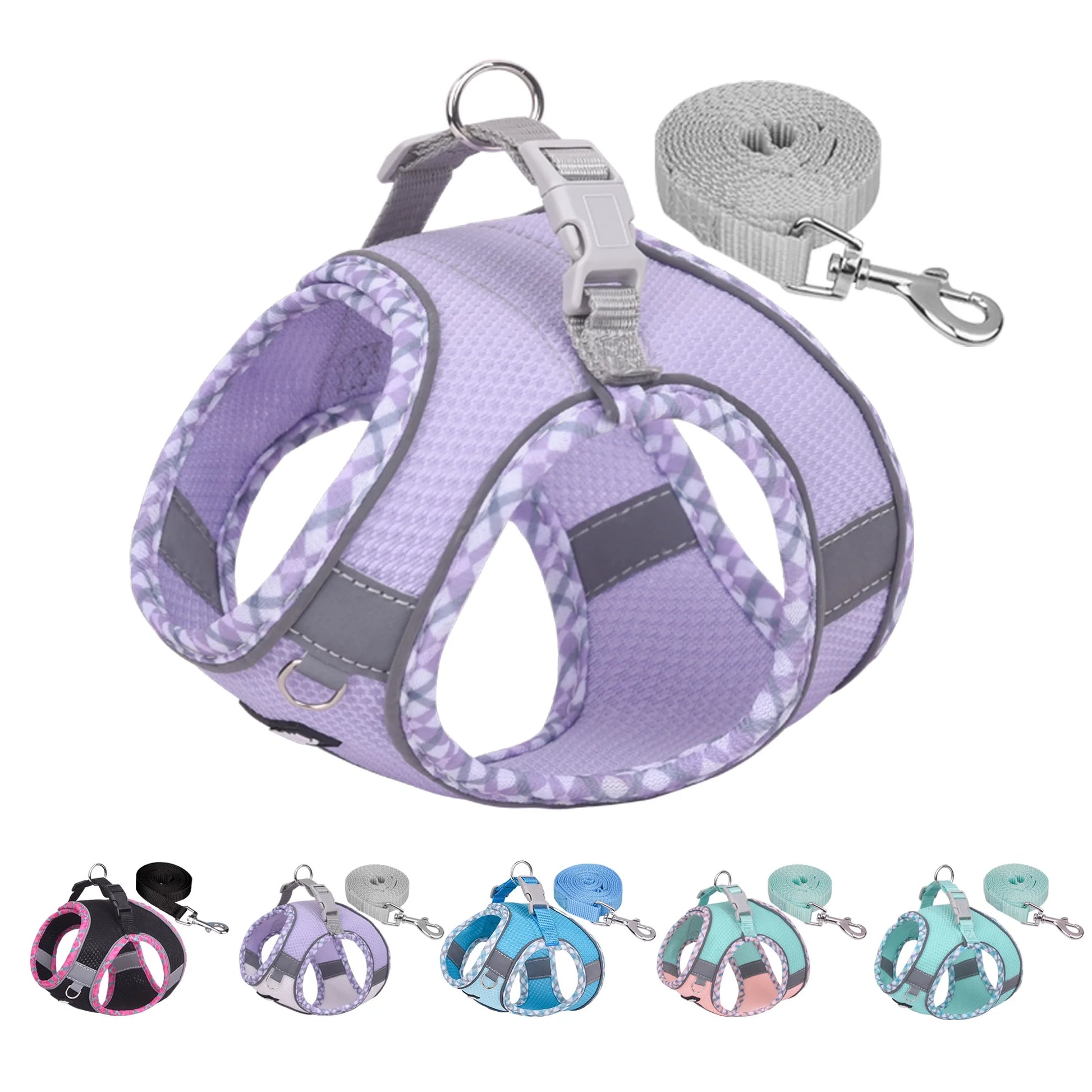Extra Small Dog and Cat Harness with Leash, No-Pull Design, Quick-Release Buckle, Reflective Outdoor Vest in Purple, XXS
