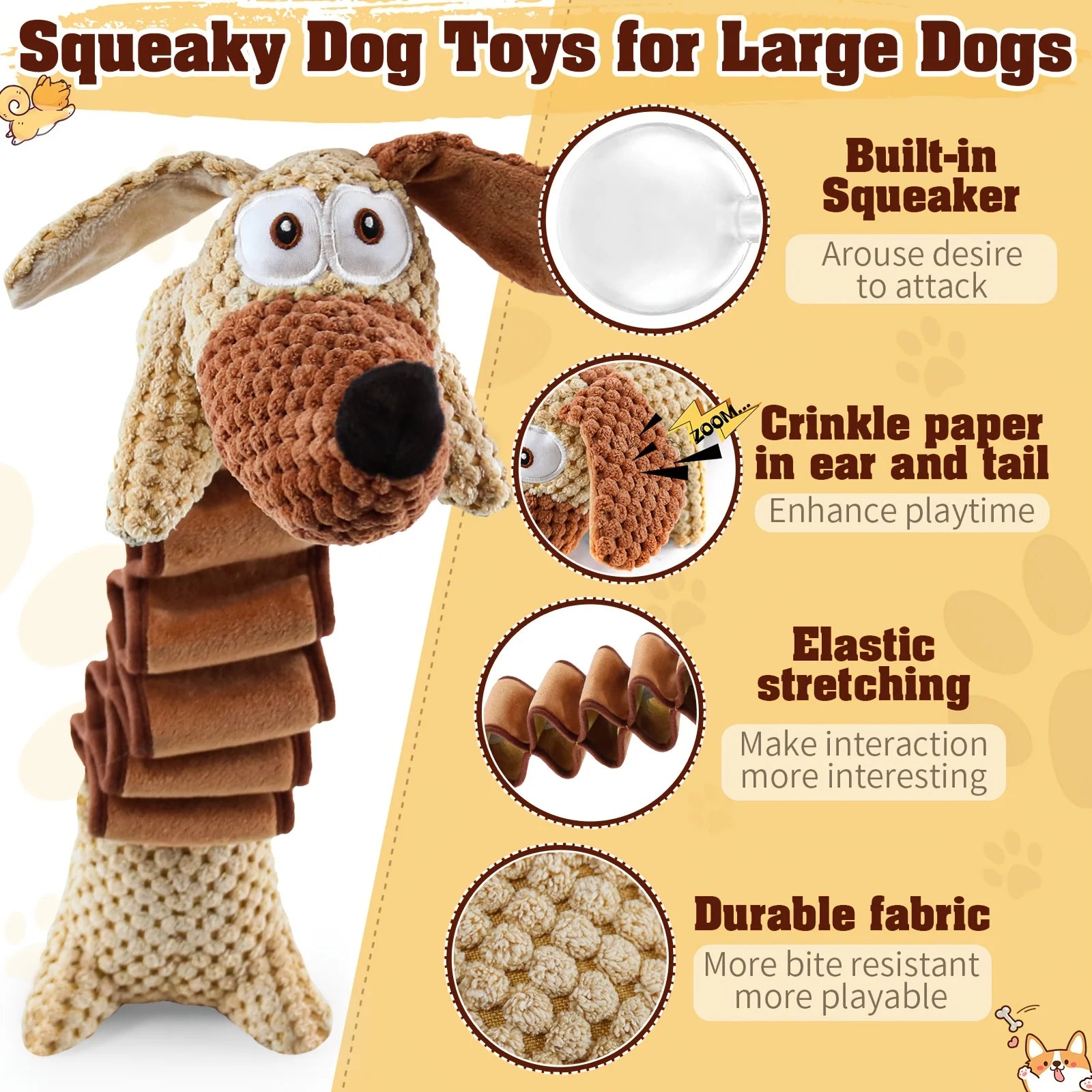 Stretchy Squeaky Plush Dog Toy with Crinkle - No Battery Chew Toy for All Breed Sizes, Durable Pull Play Design