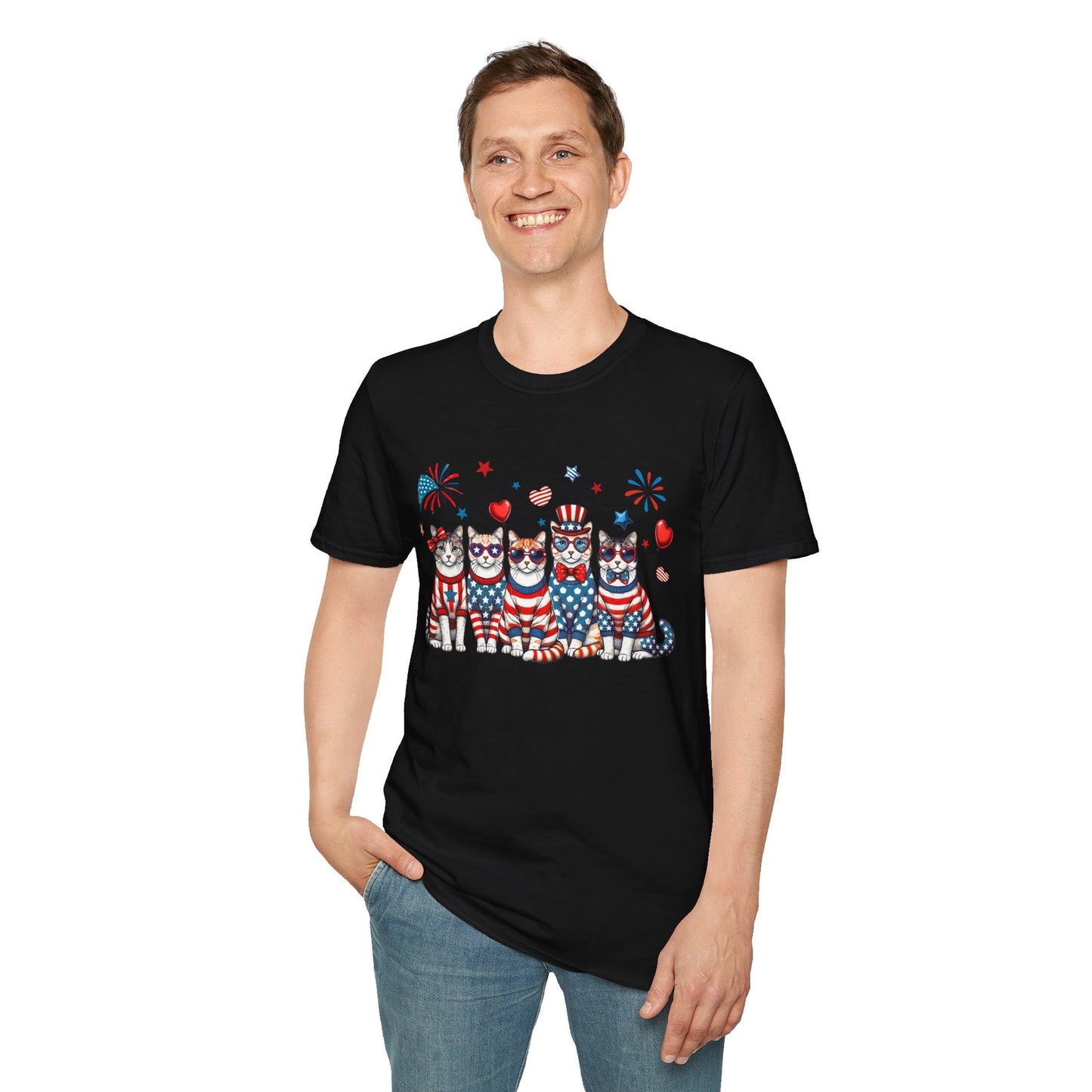 Patriotic Cat Unisex Softstyle T-Shirt for Fourth of July Celebrations
