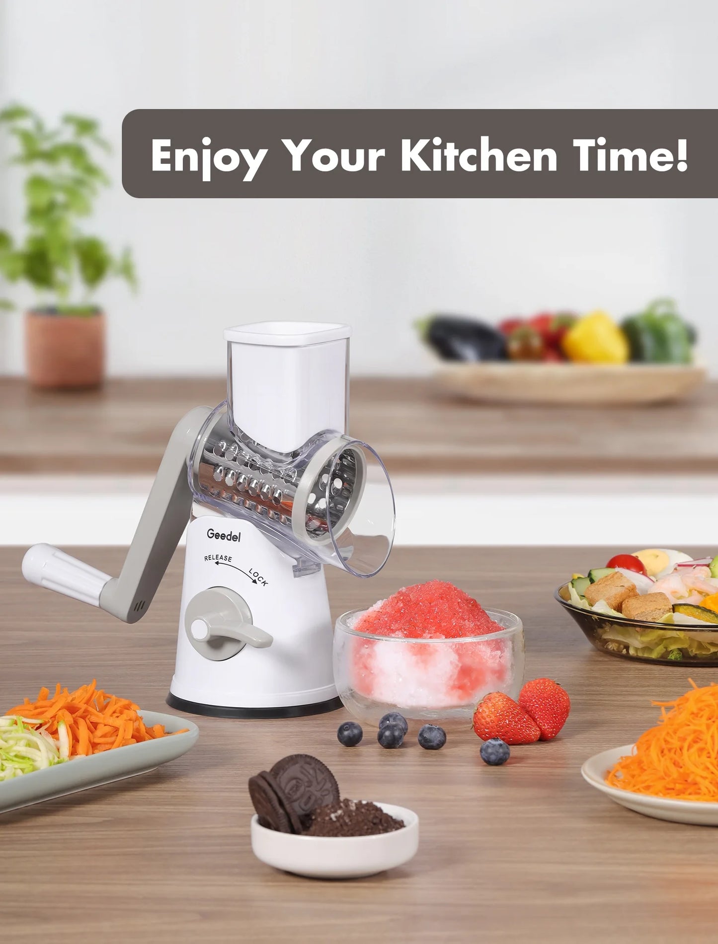 Rotary Cheese Grater, Kitchen Grater Vegetable Slicer with 5 Interchangeable Blades, Powerful Suction, Dishwasher Safe, Easy to Clean Grater for Vegetable, Fruit, Nuts, Gray