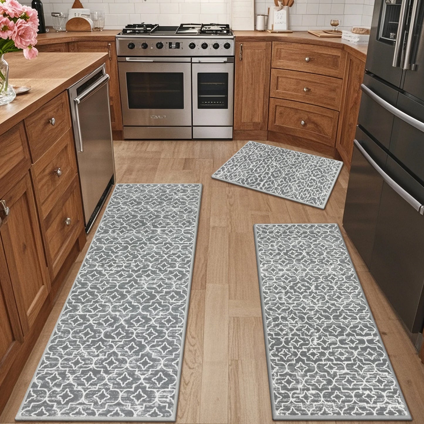 Gray Kitchen Rug Set 3 Piece, Non Slip Machine Washable Mats for Home Floor and Living Room
