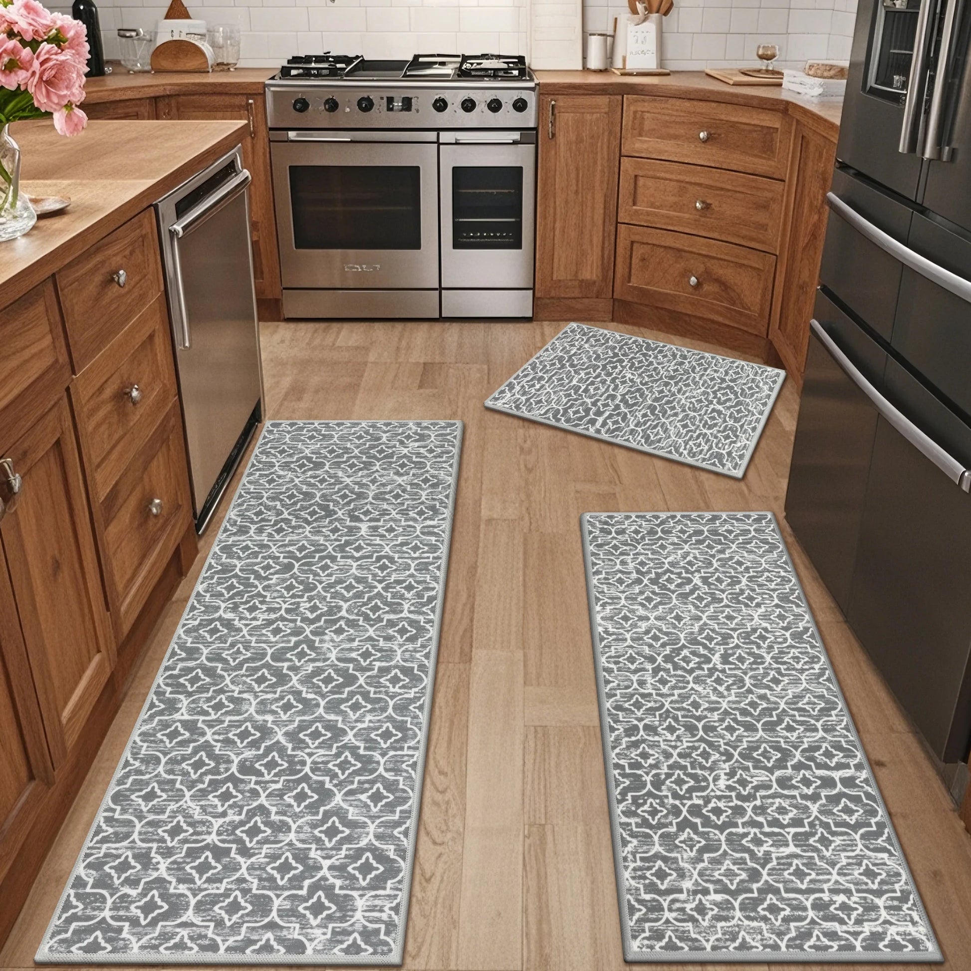 Gray Kitchen Rug Set 3 Piece, Non Slip Machine Washable Mats for Home Floor and Living Room