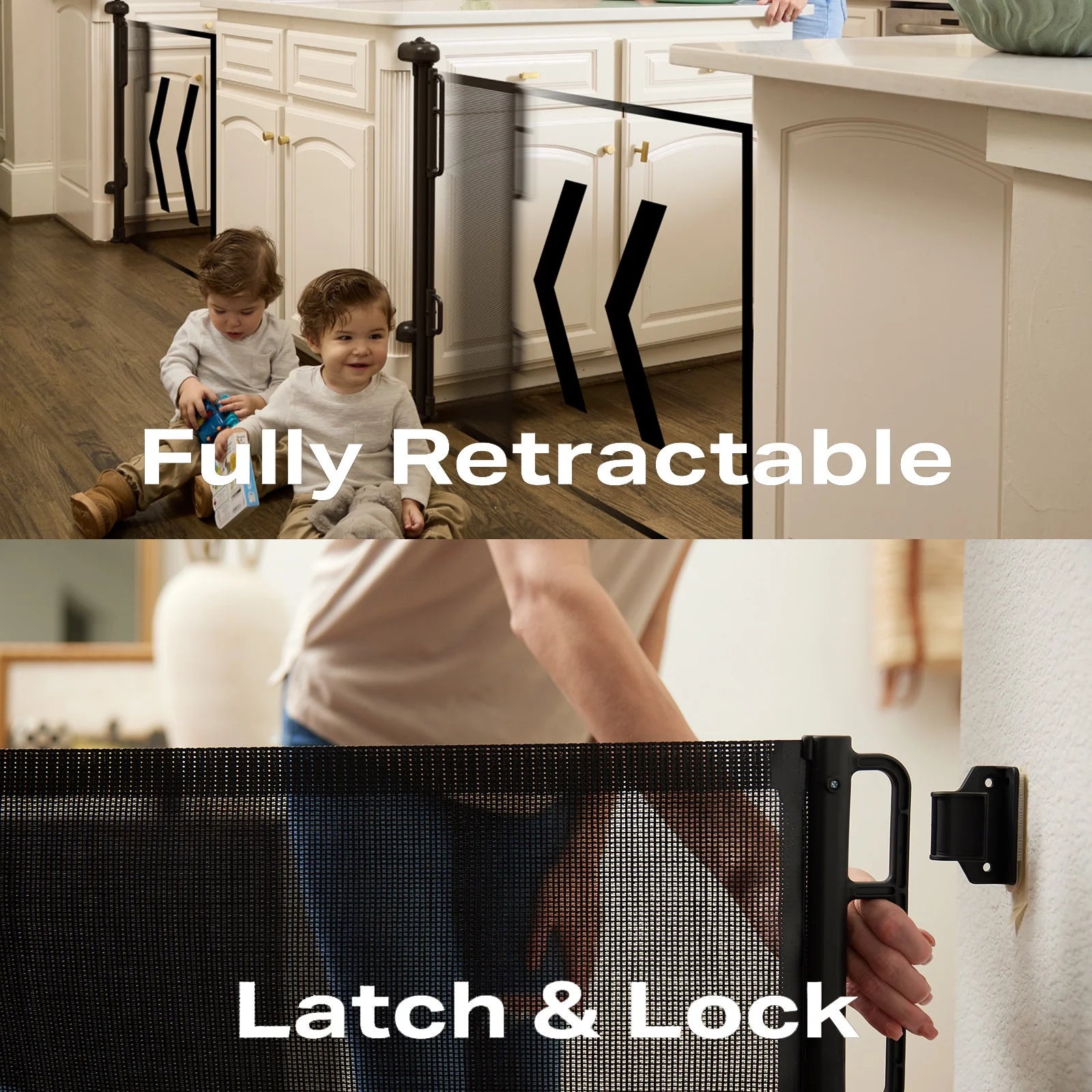 55-Inch Wide Retractable Baby Gate for Doorways, Indoor and Outdoor Mesh Dog Barrier, One-Hand Operable Child Safety Gate for Stairs - Black