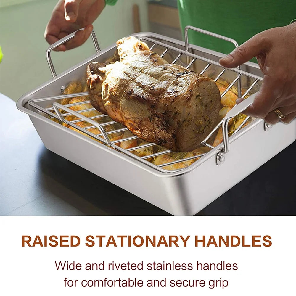 Roasting Pan,  14 Inch Stainless Steel Turkey Roaster with Rack, Include Deep Lasagna Pan & V-Shaped Rack & Roasting Rack, Non-Toxic & Heavy Duty, Dishwasher Safe