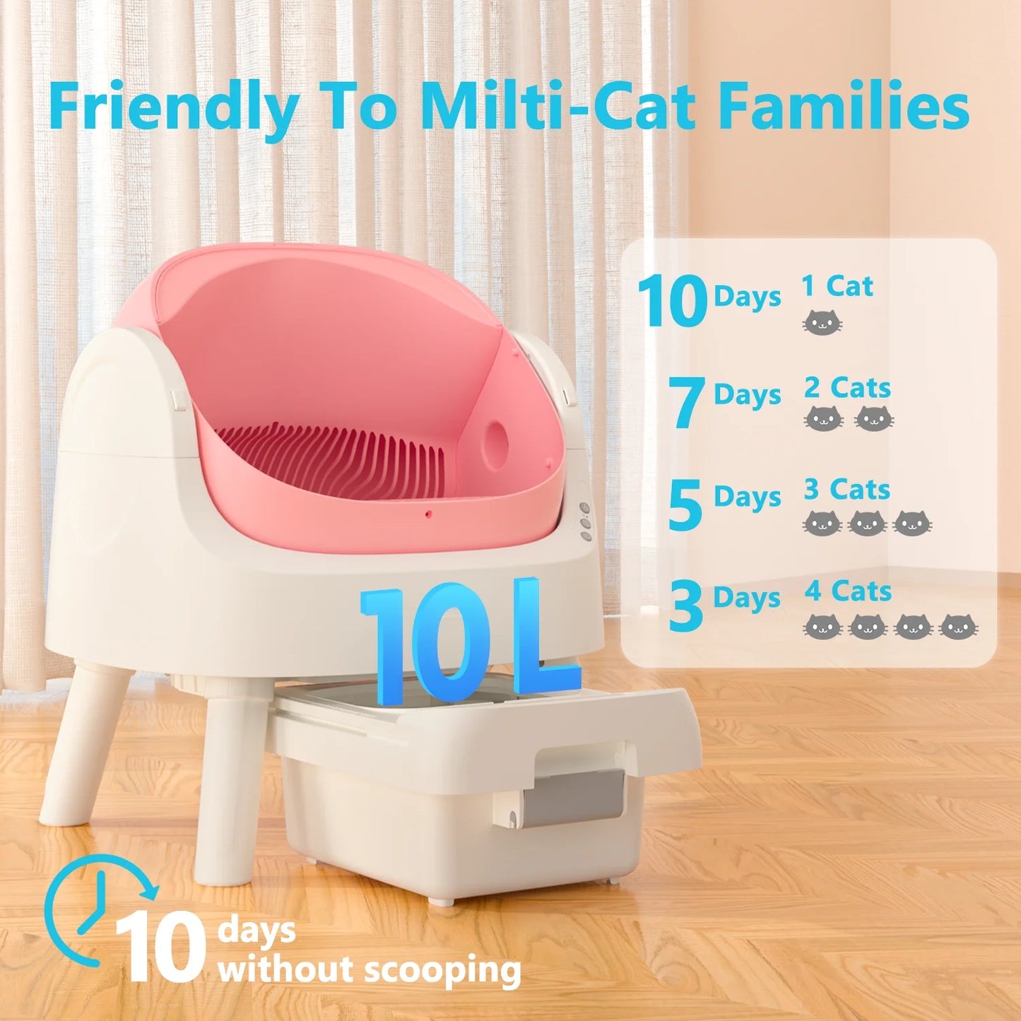 Automatic Self-Cleaning Cat Litter Box with Safety Features, Mat, and Trash Bags Included - Pink