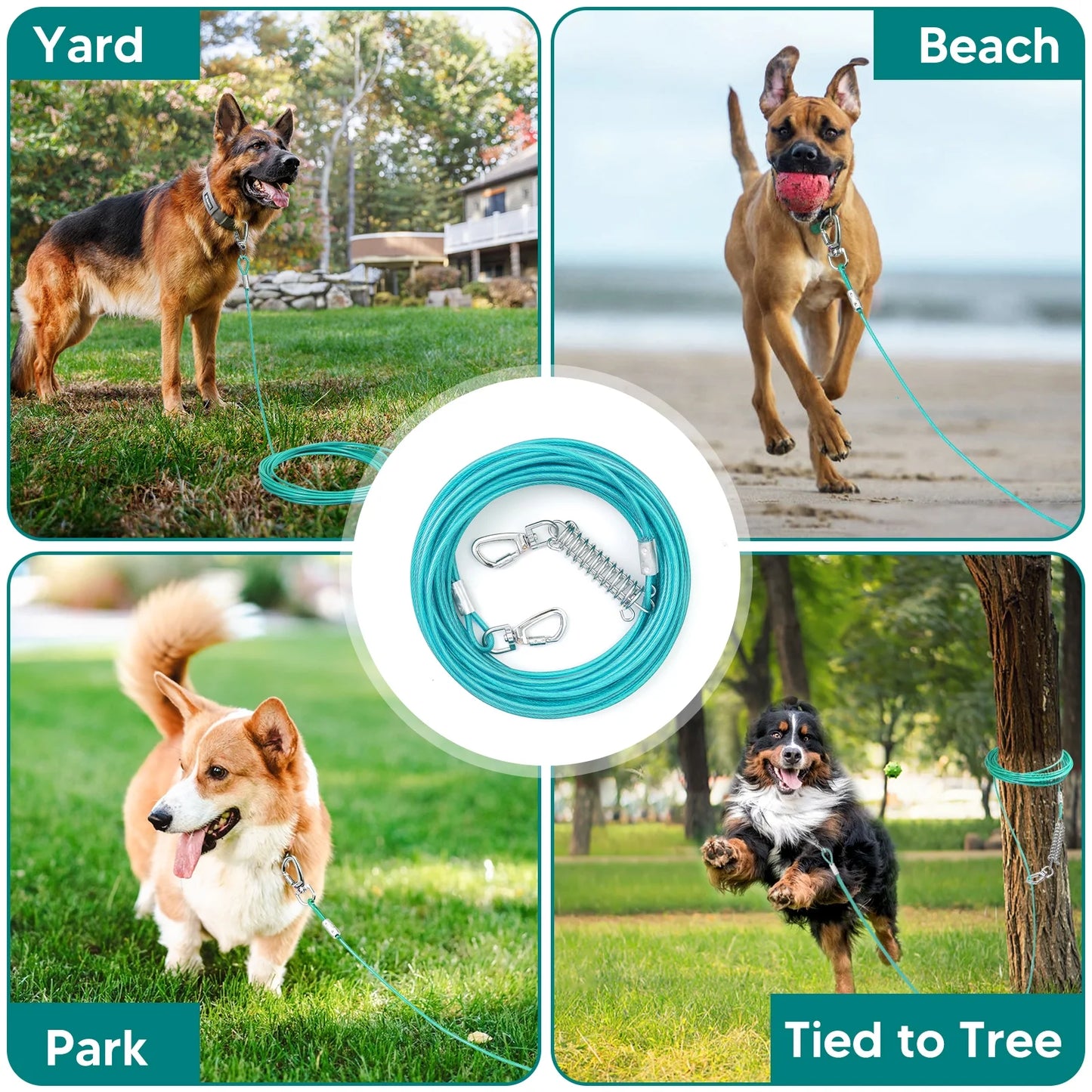 20FT Heavy-Duty Dog Tie-Out Cable for Pets Up to 125 lbs, Chew-Proof and Tangle-Free, Ice Blue