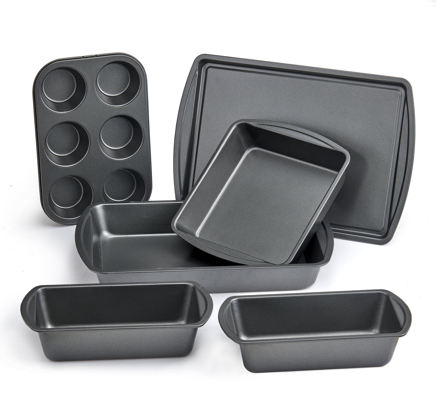 6 Piece Non-Stick Carbon Steel Bakeware Set with Cake, Muffin, Cookie and Loaf Pans, Gray