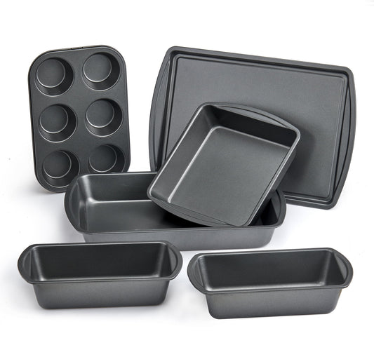 6 Piece Non-Stick Carbon Steel Bakeware Set with Cake, Muffin, Cookie and Loaf Pans, Gray