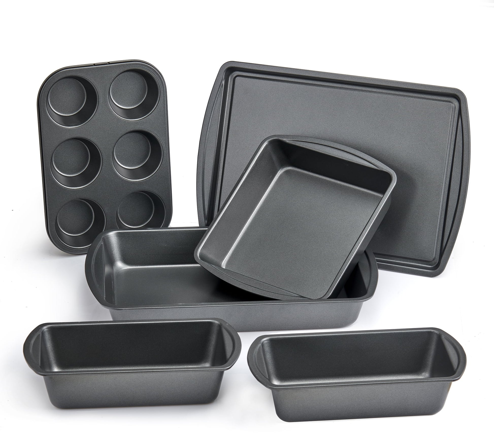 6 Piece Non-Stick Carbon Steel Bakeware Set with Cake, Muffin, Cookie and Loaf Pans, Gray