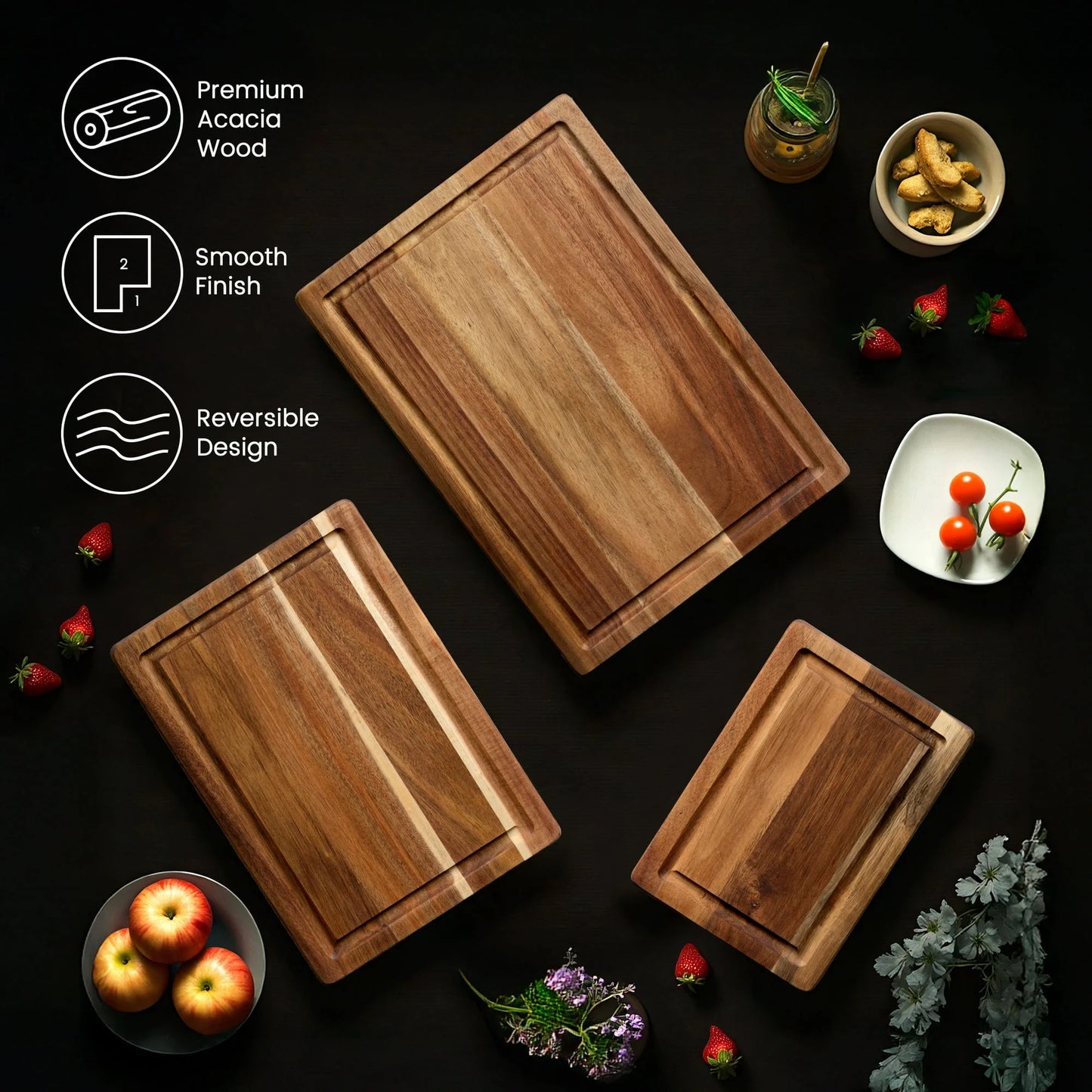 Acacia Wood Cutting Board, Cutting Board Set of 3 with Juice Groove, Wooden Chopping Boards for Kitchen, for Meat & Vegetables