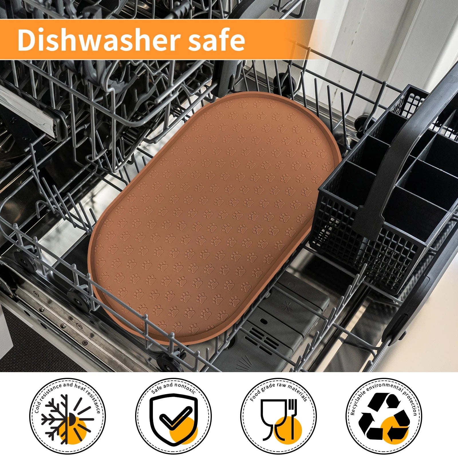 Silicone Pet Placemat for Dogs and Cats, Waterproof Pet Feeding Mat Prevent Food and Water Overflow, High-Lips Dog Food Mats, Brown